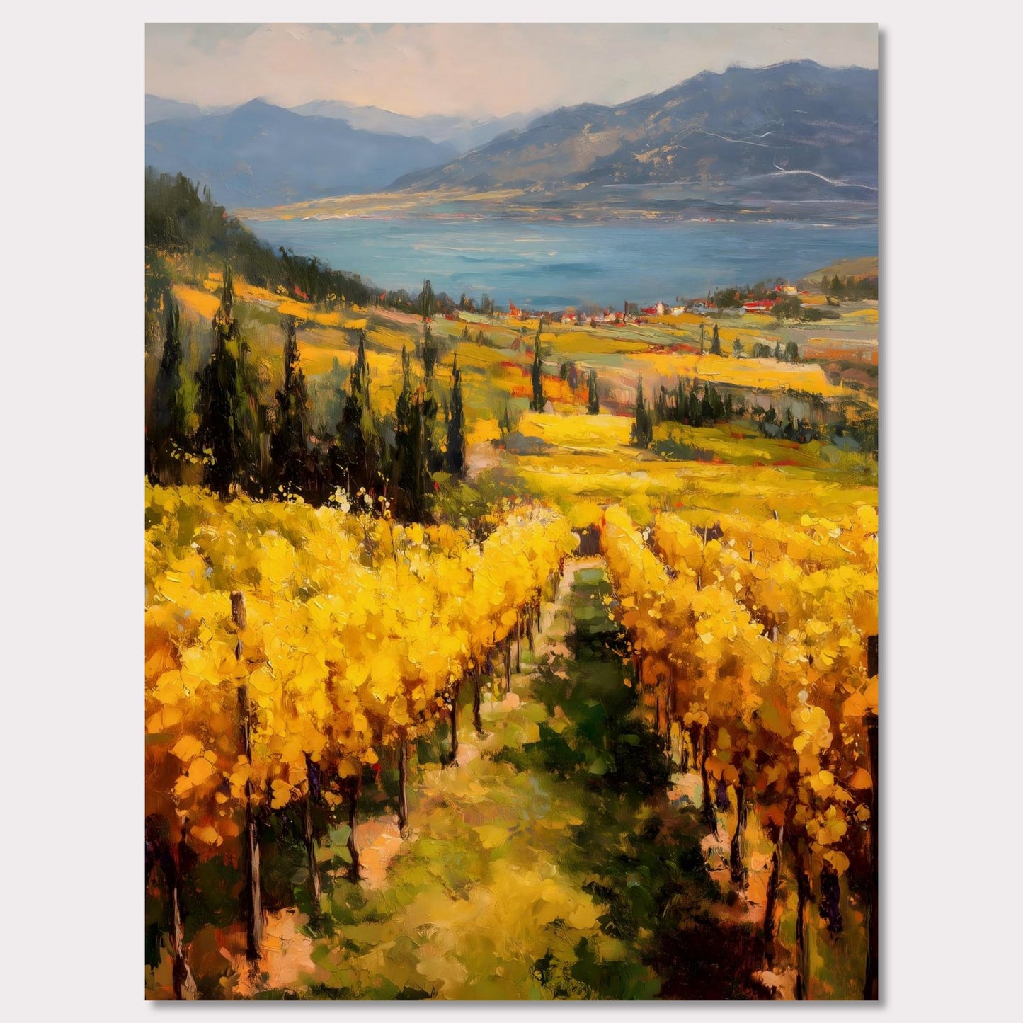 A row of sunlit grapevines leads into rolling fields above the lake. Cypress trees and red roofs add rhythm to the patchwork. This image is a painter’s geometry, an ode to land, season, and order.