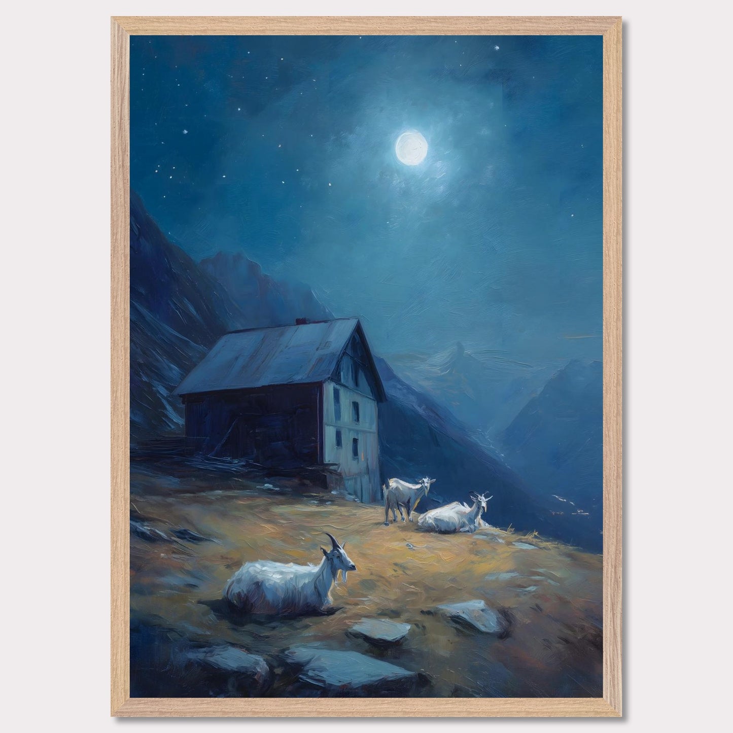 Under a deep blue sky scattered with stars, a mountain slope glows with soft amber light. Goats roam quietly near a rustic alpine hut. This is a portrait of calm routine under a grand sky — both humble and cosmic.