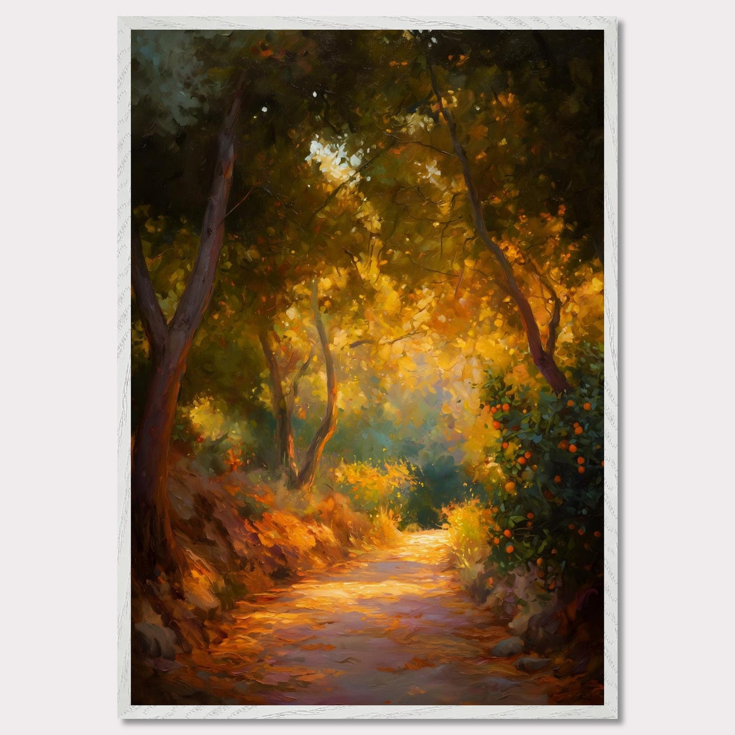 Golden leaves and oranges glow in a forested bend, where light pours through branches onto a dusty path. The trees seem to lean in to listen. This image is a slow walk, an ode to scent, light, and memory.