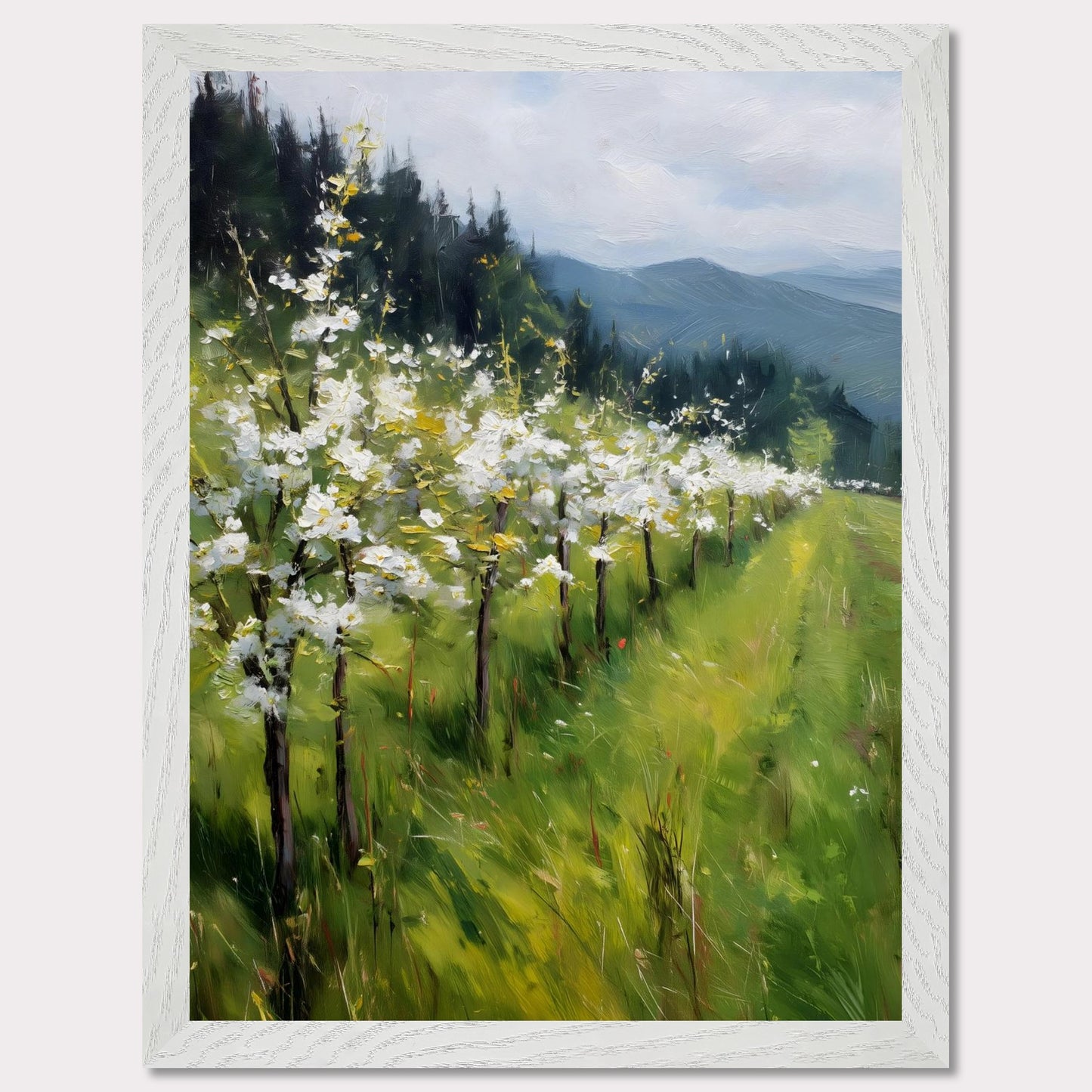 Blossoming trees line a sloped meadow, shining with spring energy. Their petals catch the light like snowflakes, while behind them rise forested hills and soft mountain silhouettes. The air feels fresh, alive, and full of renewal.