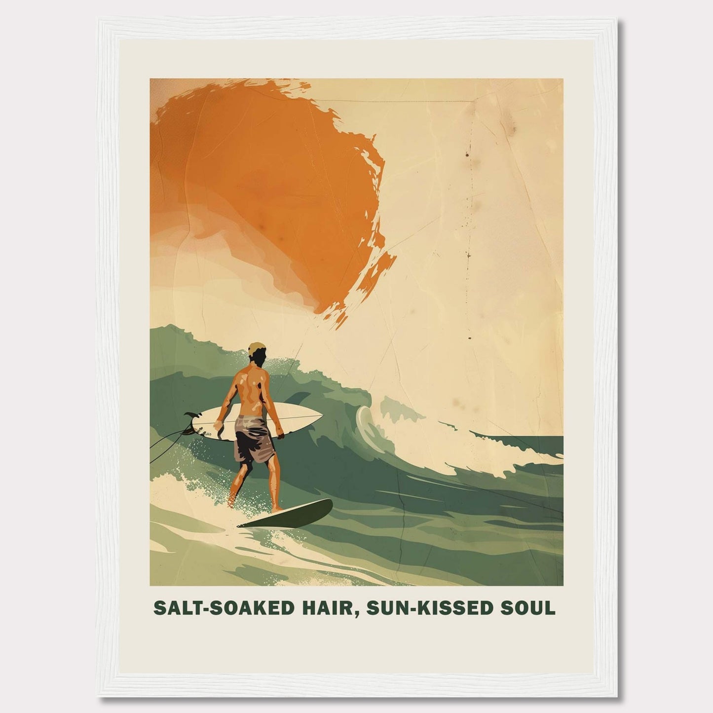 This vibrant poster showcases a surfer riding a wave with the sun setting in the background.