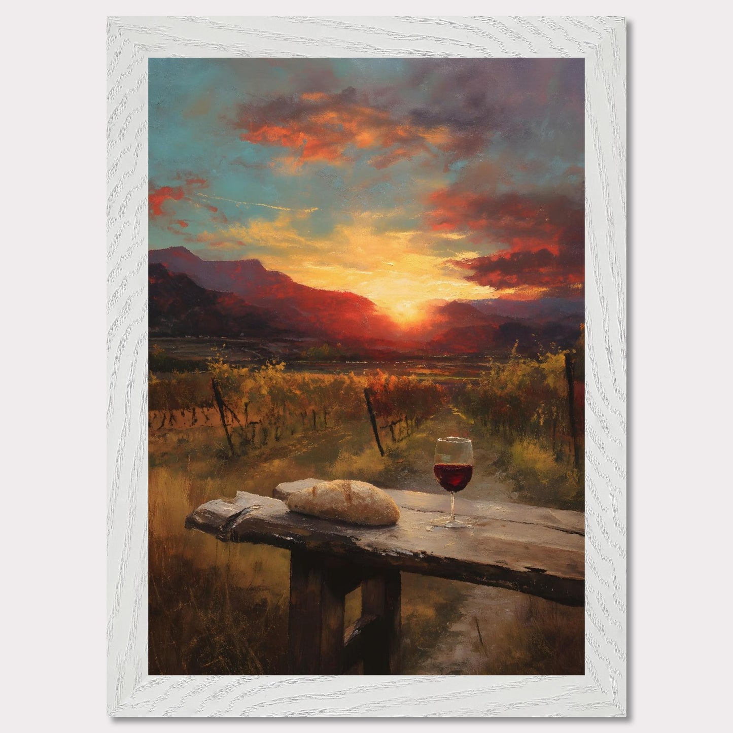 A vineyard stretches toward a fiery sunset, with a rustic table in the foreground holding a loaf and a glass of wine. The landscape glows in rich ambers and reds — a toast to simplicity and warmth.