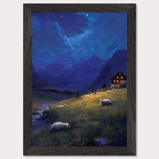 As night falls over the valley, warm lights glow from a mountain cabin, guiding the shepherd and his sheep. Above, stars begin to shimmer and the crescent moon watches from afar. A peaceful twilight symphony of solitude, nature, and quiet warmth.