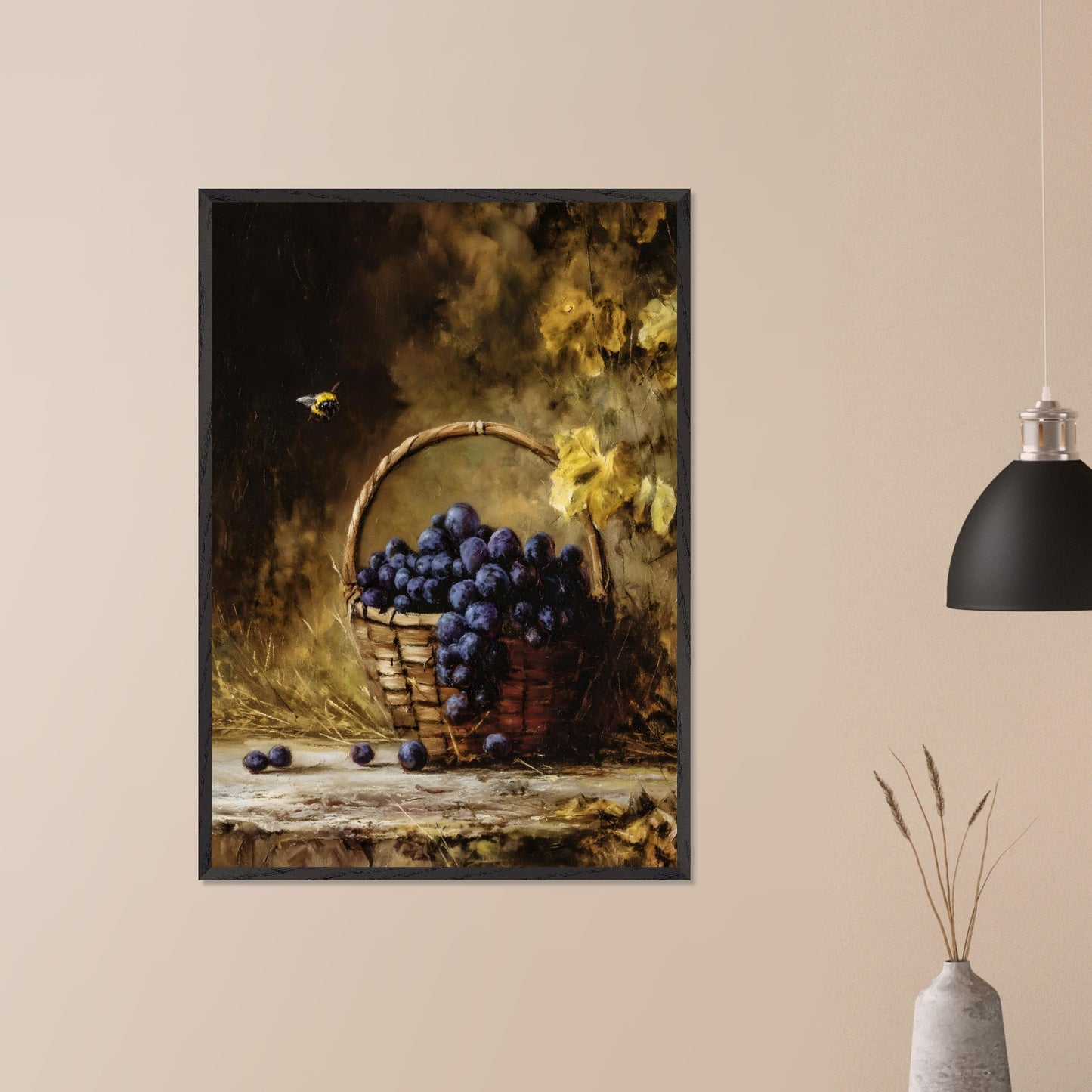 A basket overflows with deep purple grapes, a bee caught mid-hover. The scene glows with golden hues, evoking the fullness of autumn’s gift. This is the moment right before the feast — abundant, still, and honey-warm.