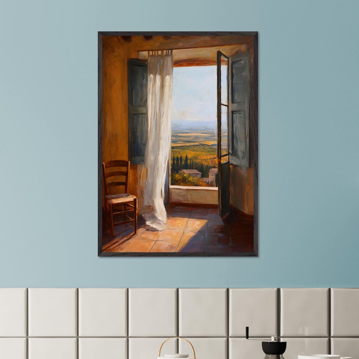 A sheer curtain lifts in warm air as golden vineyards unfold beneath a terracotta sill. A simple wooden chair waits in sunlit silence. This image is a breath of stillness, an ode to rhythm, warmth, and space.