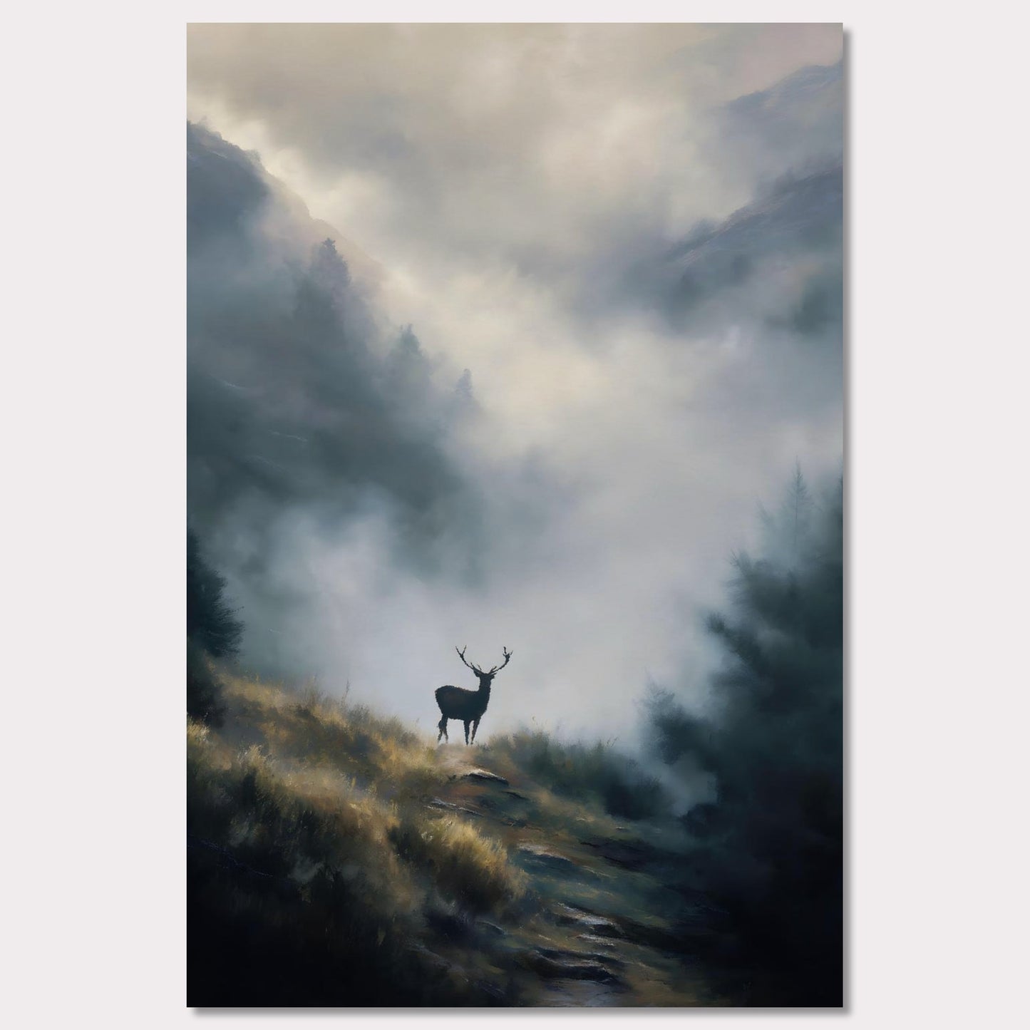 Poster titled 'Stag in the Mist' from ArtDarts