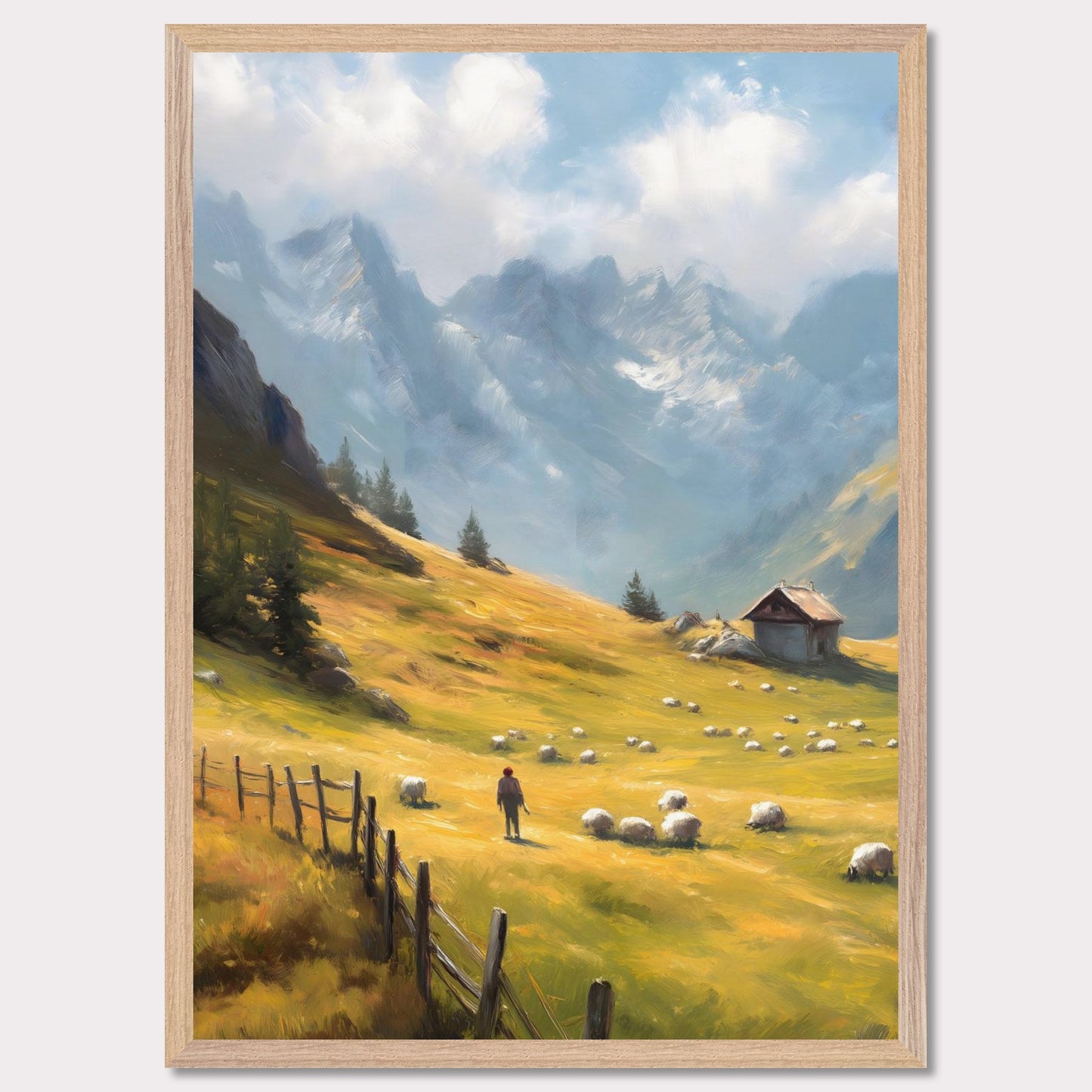 A shepherd tends his flock in a golden mountain pasture, surrounded by dramatic peaks and old-world charm. The wooden fence and cabin speak of a slower, enduring lifestyle. Bathed in warm light, this image transports viewers to a timeless Alpine morning.