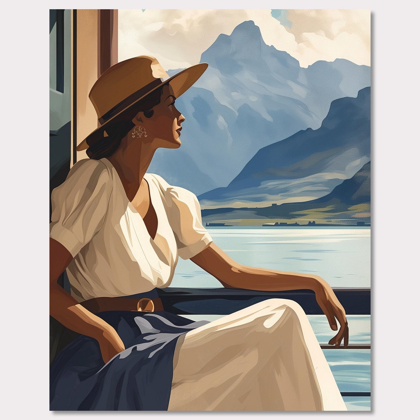 Poster titled 'Girl near mountain water Poster' from ArtDarts