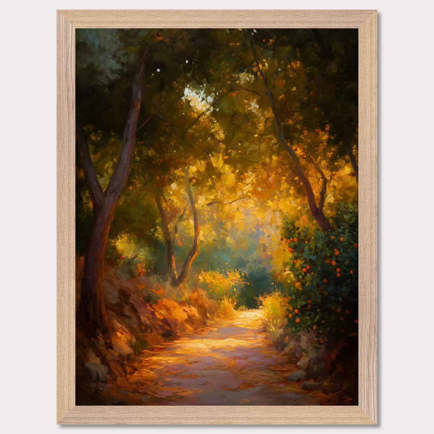 Golden leaves and oranges glow in a forested bend, where light pours through branches onto a dusty path. The trees seem to lean in to listen. This image is a slow walk, an ode to scent, light, and memory.