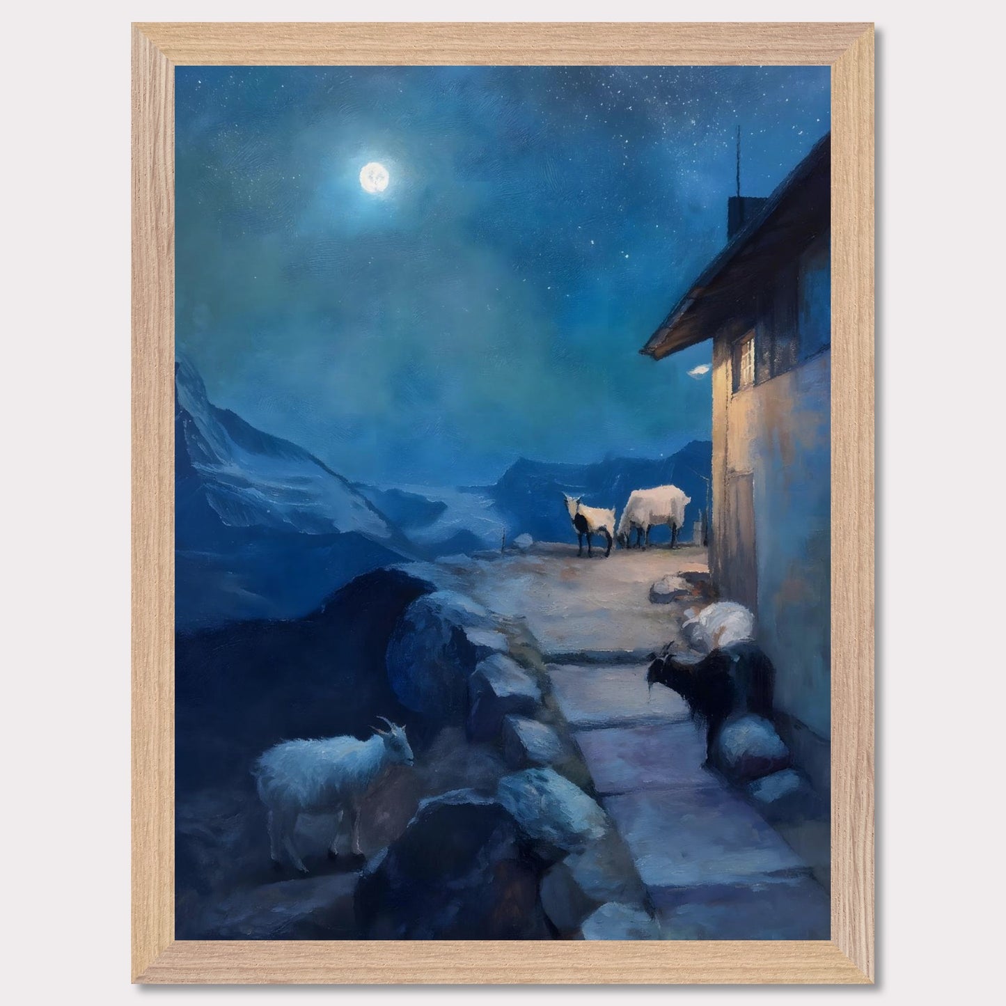 A full moon glows above a tranquil alpine scene, where goats linger quietly near a mountain hut. The sky shimmers with stars, the landscape wrapped in soft blues and shadows. There’s no rush here — only the deep breath of night.