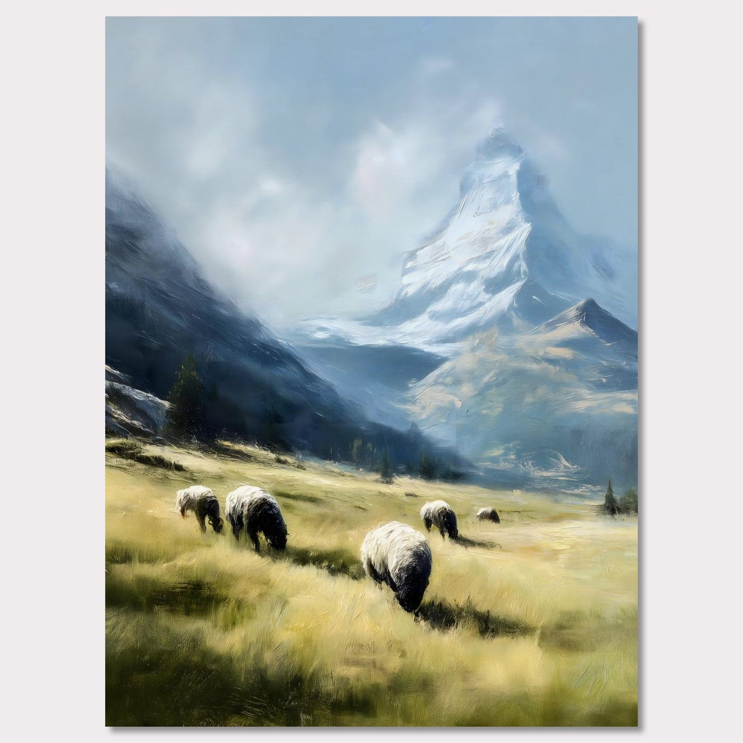 In the shadow of the Matterhorn, sheep graze peacefully on sunlit fields. This pastoral scene blends the grandeur of the Alps with the charm of rural life. The softness of the animals and golden grass contrasts beautifully with the snow-covered majesty above.