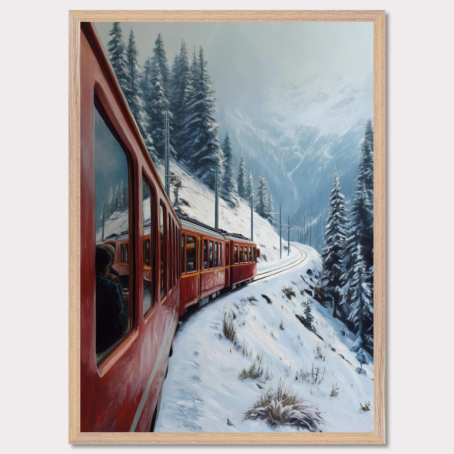 A red alpine train rounds a snow-covered bend, threading between pine-clad slopes and winter valleys. Reflections in the windows hint at warm journeys through a frozen world. This image hums with motion and memory — an homage to travel, contrast, and time.