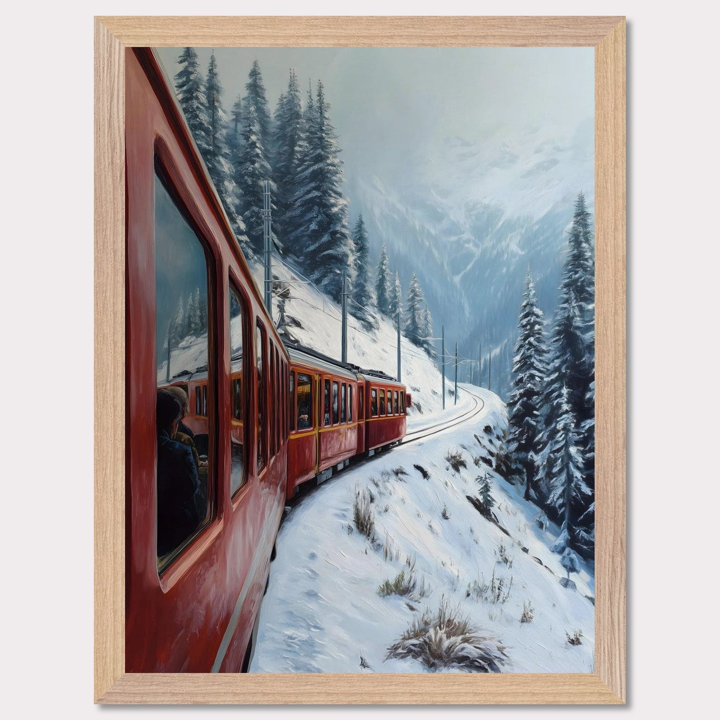 A red alpine train rounds a snow-covered bend, threading between pine-clad slopes and winter valleys. Reflections in the windows hint at warm journeys through a frozen world. This image hums with motion and memory — an homage to travel, contrast, and time.