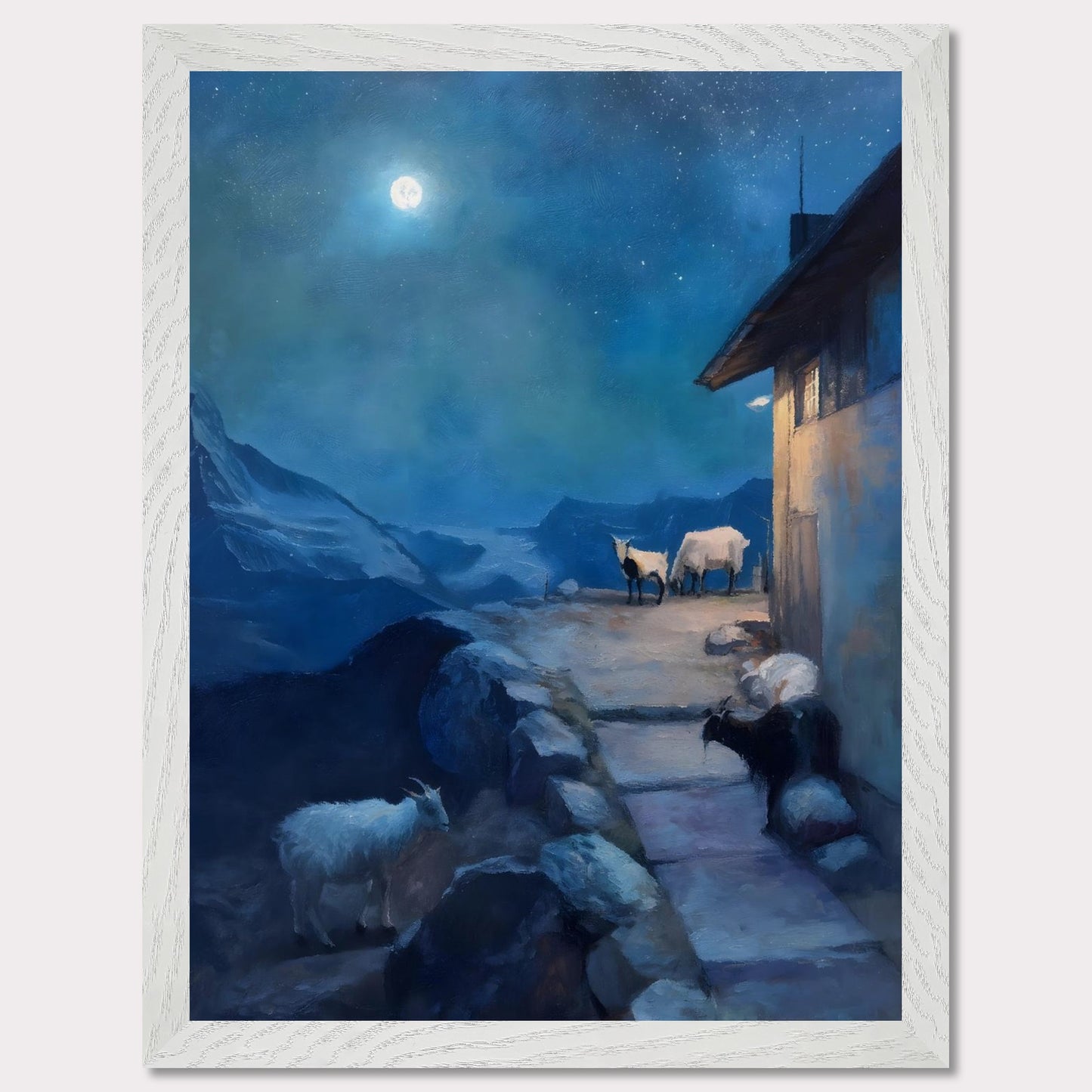 A full moon glows above a tranquil alpine scene, where goats linger quietly near a mountain hut. The sky shimmers with stars, the landscape wrapped in soft blues and shadows. There’s no rush here — only the deep breath of night.