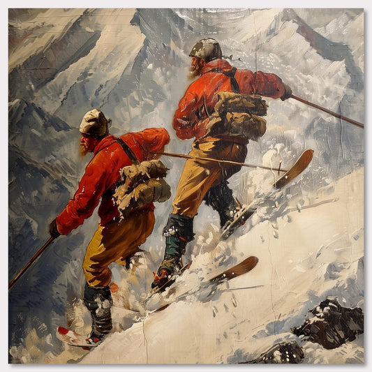 Poster titled 'Vintage skiers on the background of the Alps' from ArtDarts