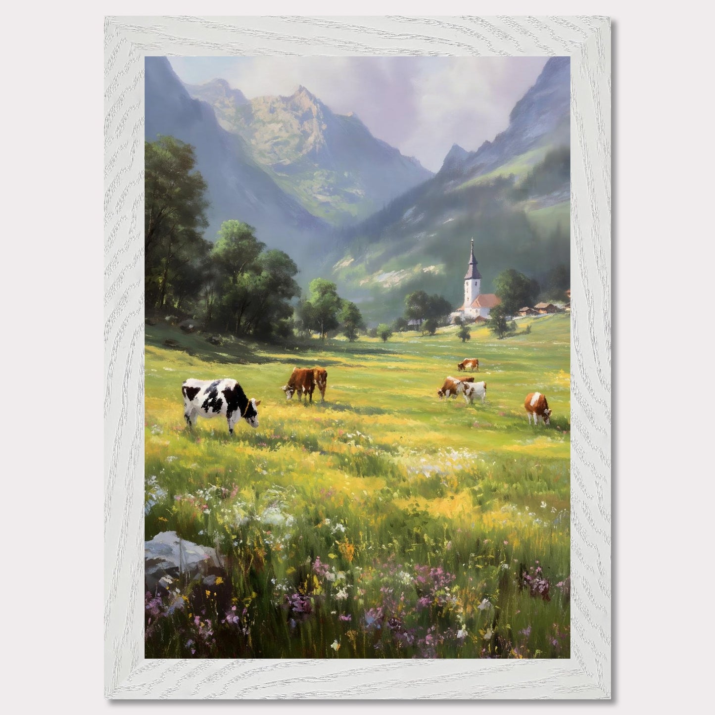 A bright valley bursts into life with cows scattered across wildflower meadows. Behind them, a quaint village church stands framed by alpine peaks. This scene is a celebration of slowness — of sun-warmed grass and steady breath.