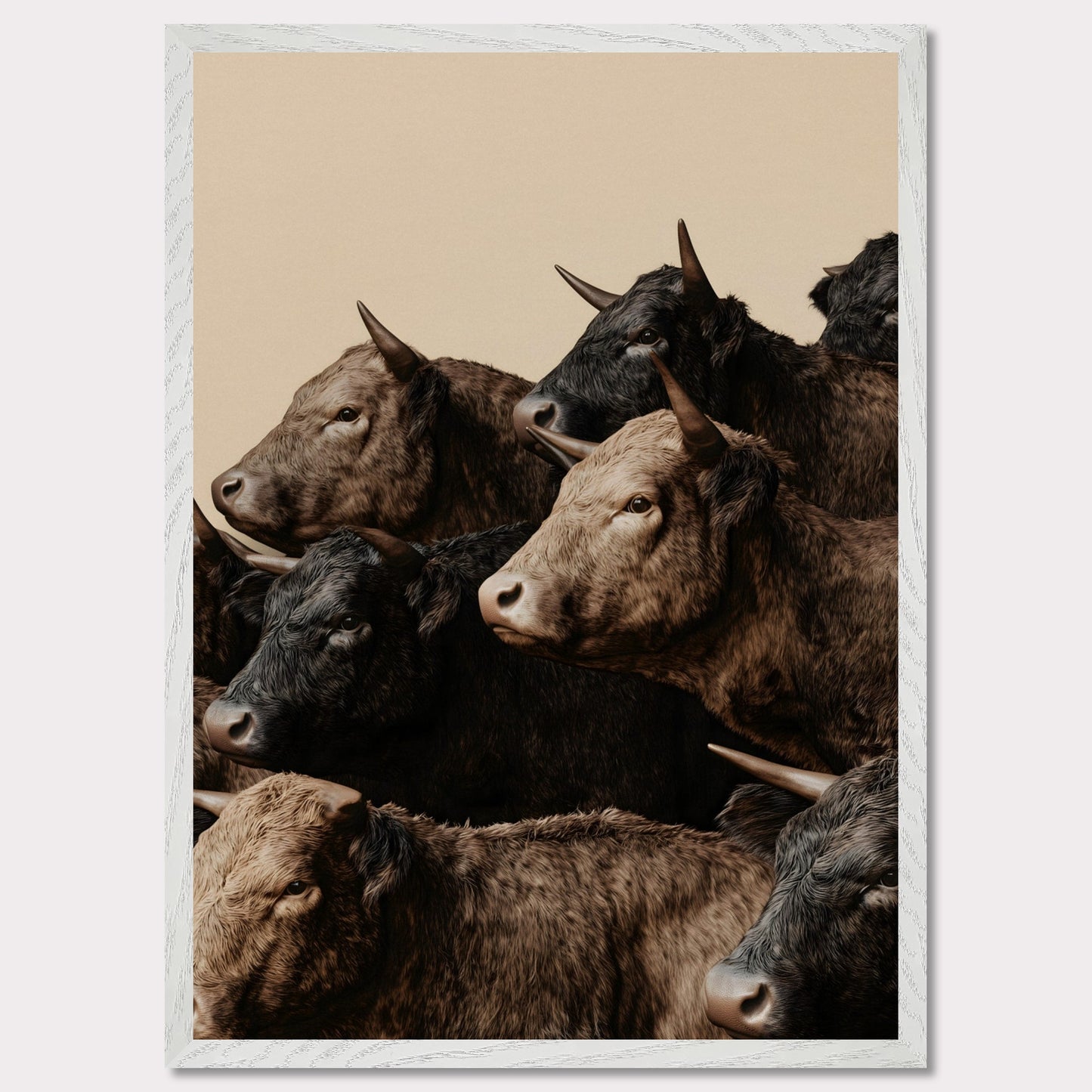 This illustration depicts a group of oxen with varying shades of brown and black fur, closely packed together against a plain beige background.
This poster will fit well in rustic or farmhouse-style interiors, animal-themed spaces, or art collections focusing on wildlife.