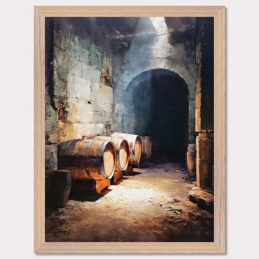 Wooden wine barrels line the stone walls of a cool alpine cellar, lit by a shaft of light from above. The silence is thick and cool. This image is a breath beneath the surface, an ode to age, earth, and time.