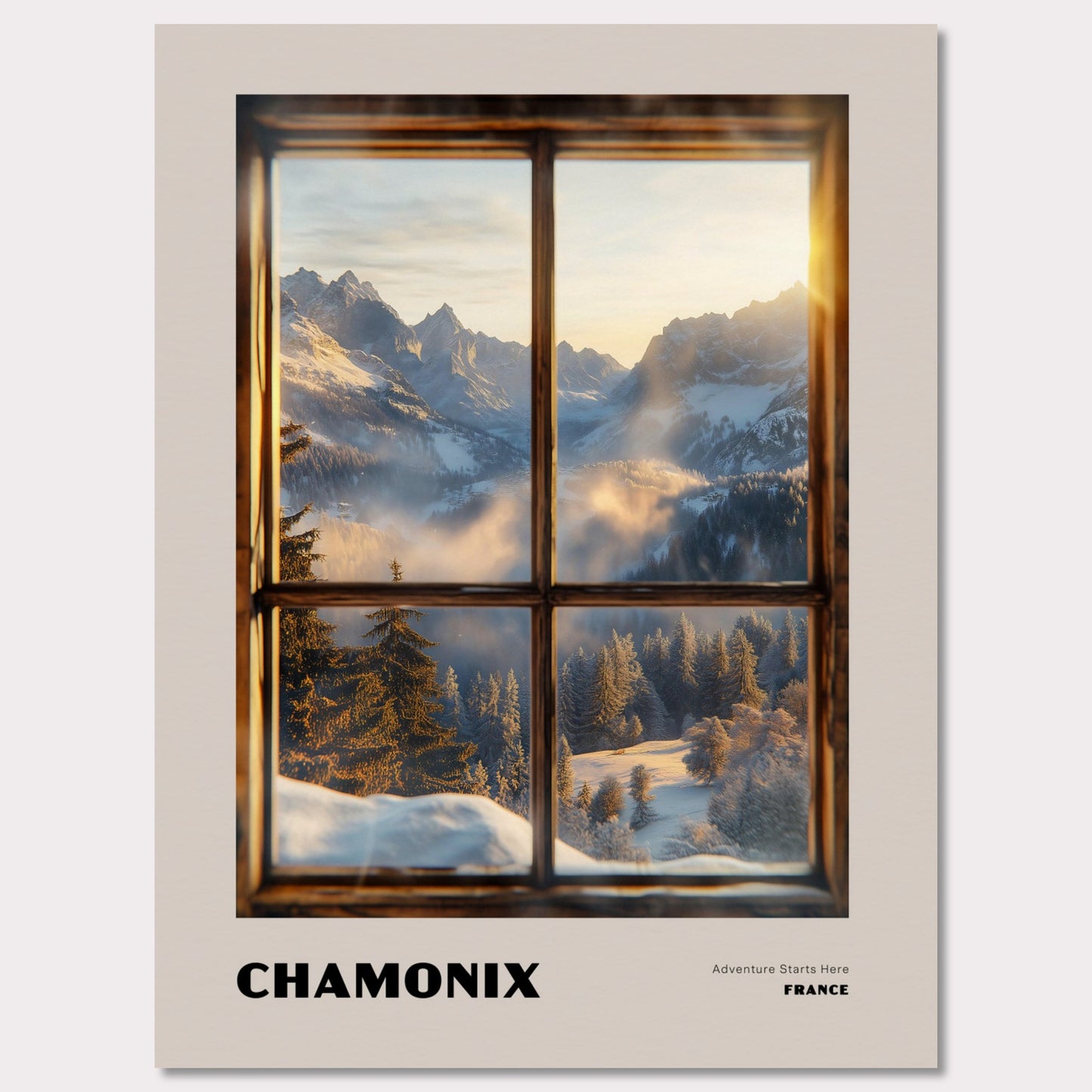 Poster titled 'CHAMONIX. Adventure Starts Here' from ArtDarts