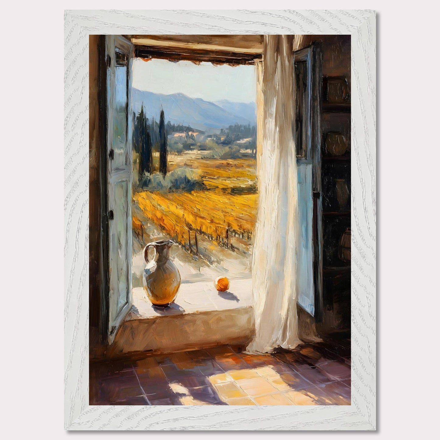 An open shutter reveals golden rows of vineyard glowing in afternoon light. A jug and fruit rest on the sill, as if waiting for someone to return. This image is a sunlit breath, an ode to harvest, pause, and place.