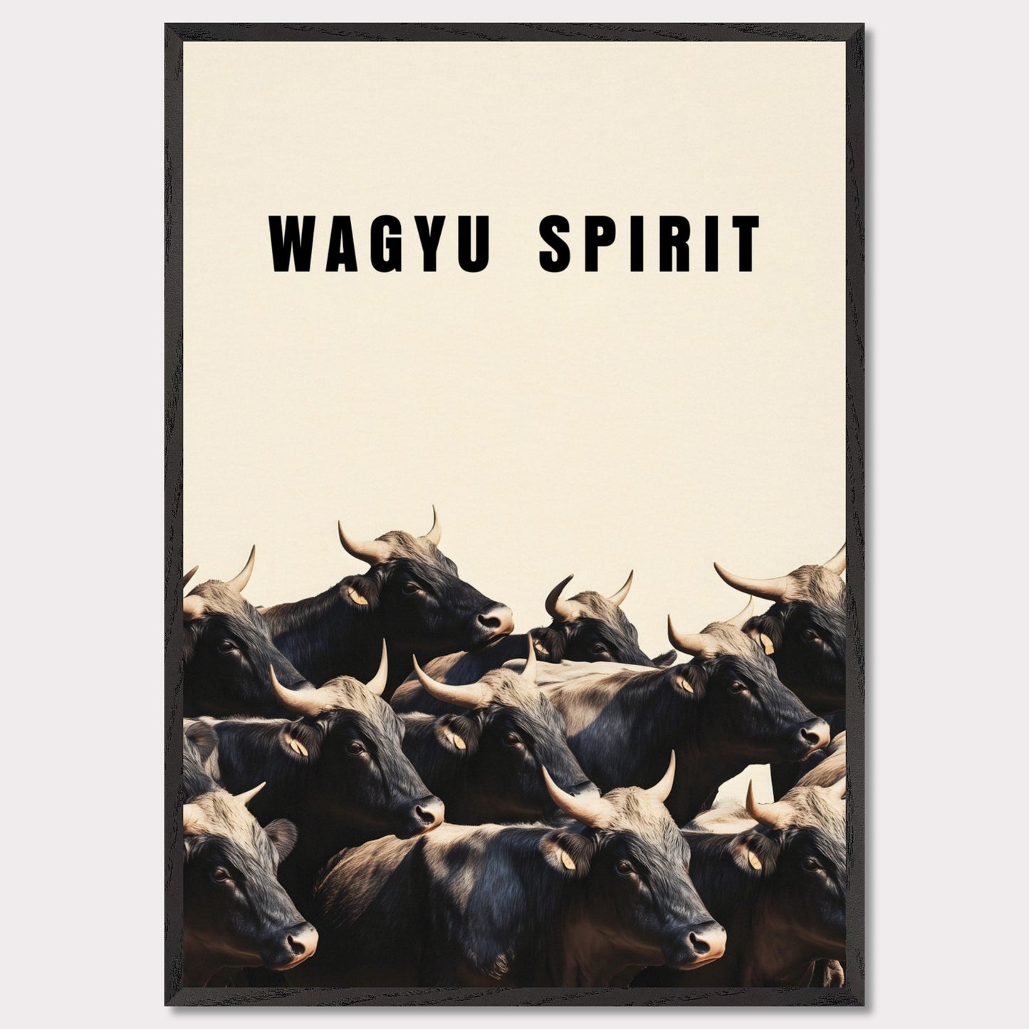 This illustration shows a group of black cattle with horns, set against a light background. The text "WAGYU SPIRIT" is prominently displayed at the top.
This poster will fit well in a kitchen, dining area, restaurant, or any space related to food and culinary arts.
