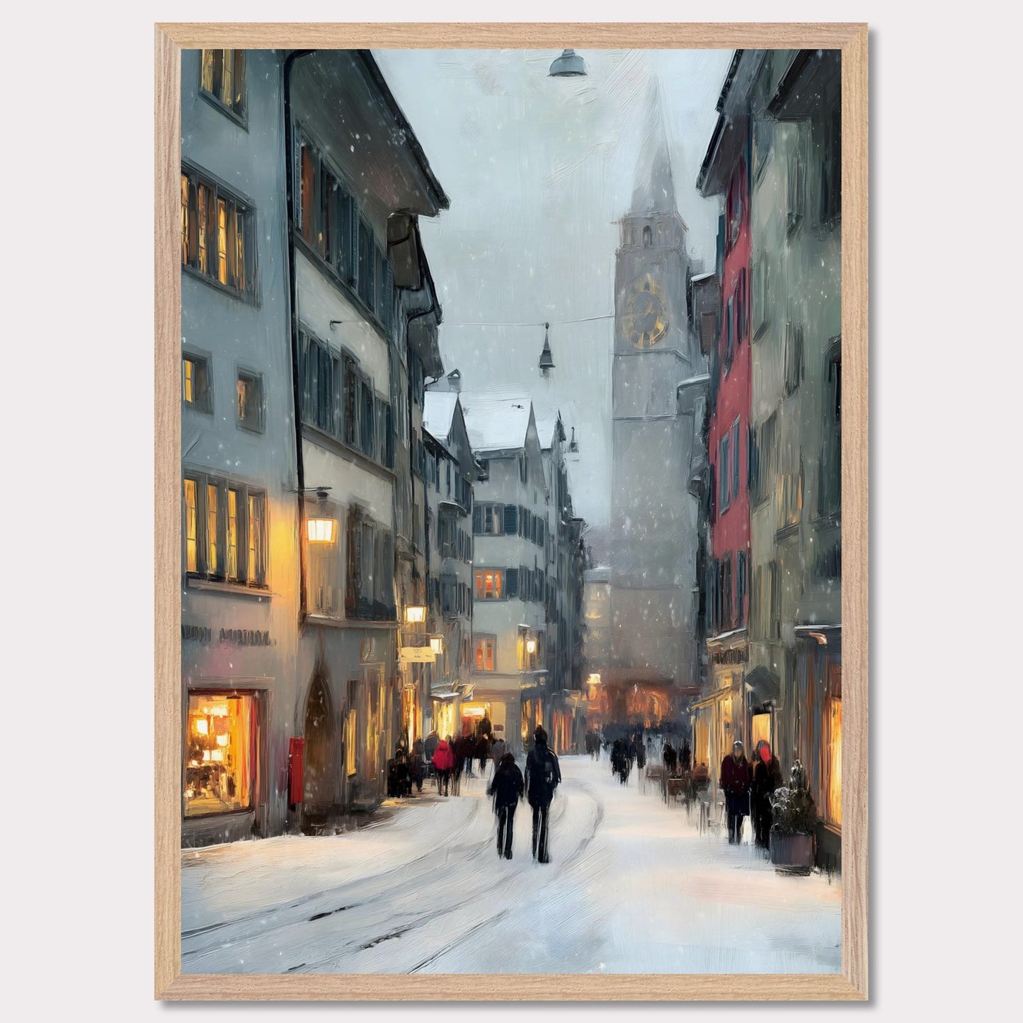 Snow falls gently between old town facades as people wander through glowing windows and quiet alleys. Time seems to slow. This image is a winter stroll, an ode to dusk, city calm, and warmth within.