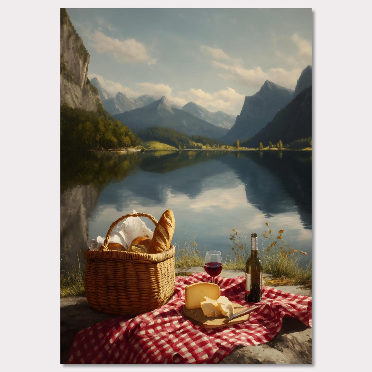 Not a ripple on the lake. The peaks and sky reflect with absolute clarity. A picnic waits untouched, surrounded by silence and stillness. This is more than a moment — it’s a meditation on presence, balance, and beauty.