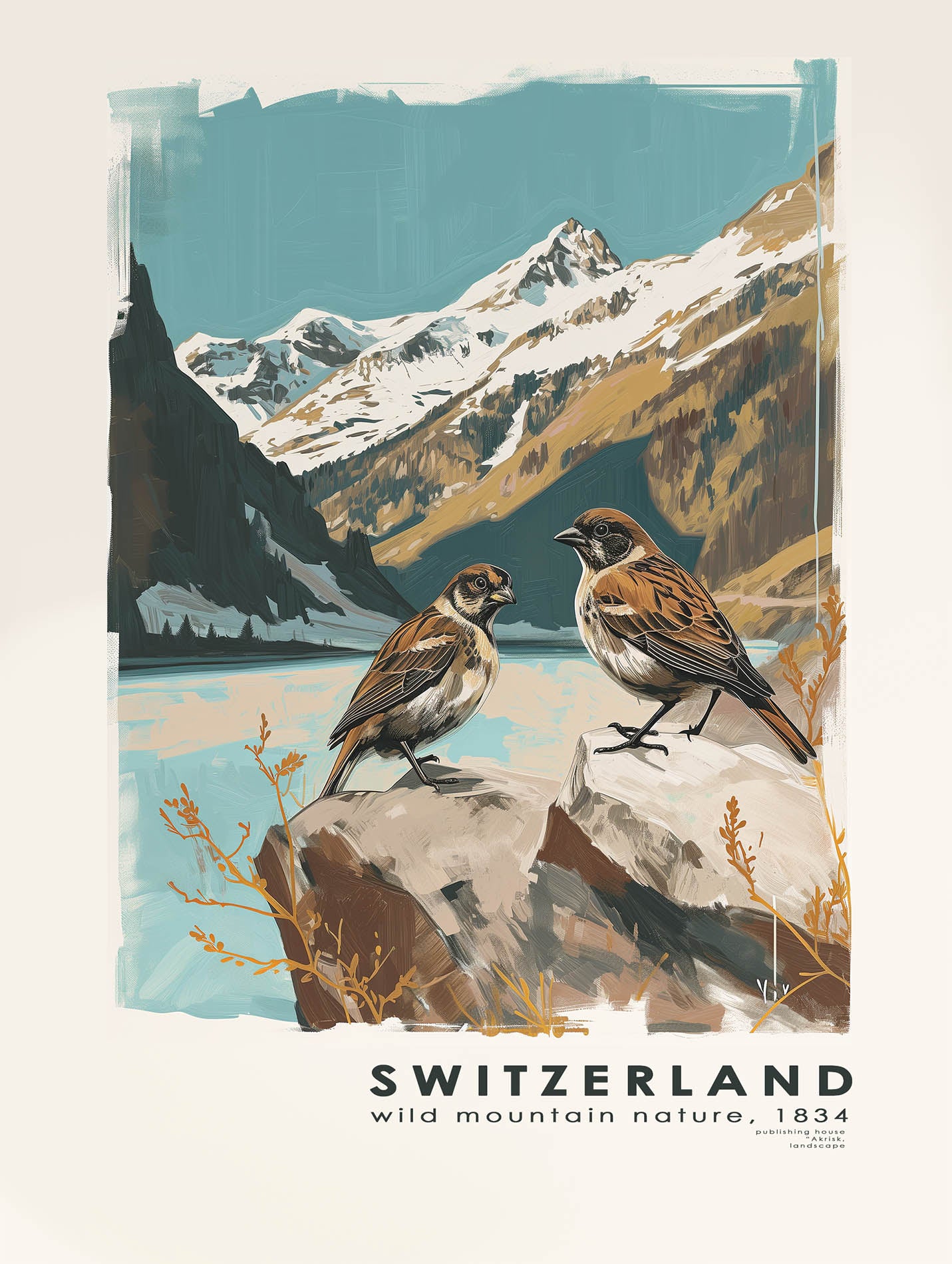Poster titled 'Swiss Landscape with Birds Poster' from ArtDarts