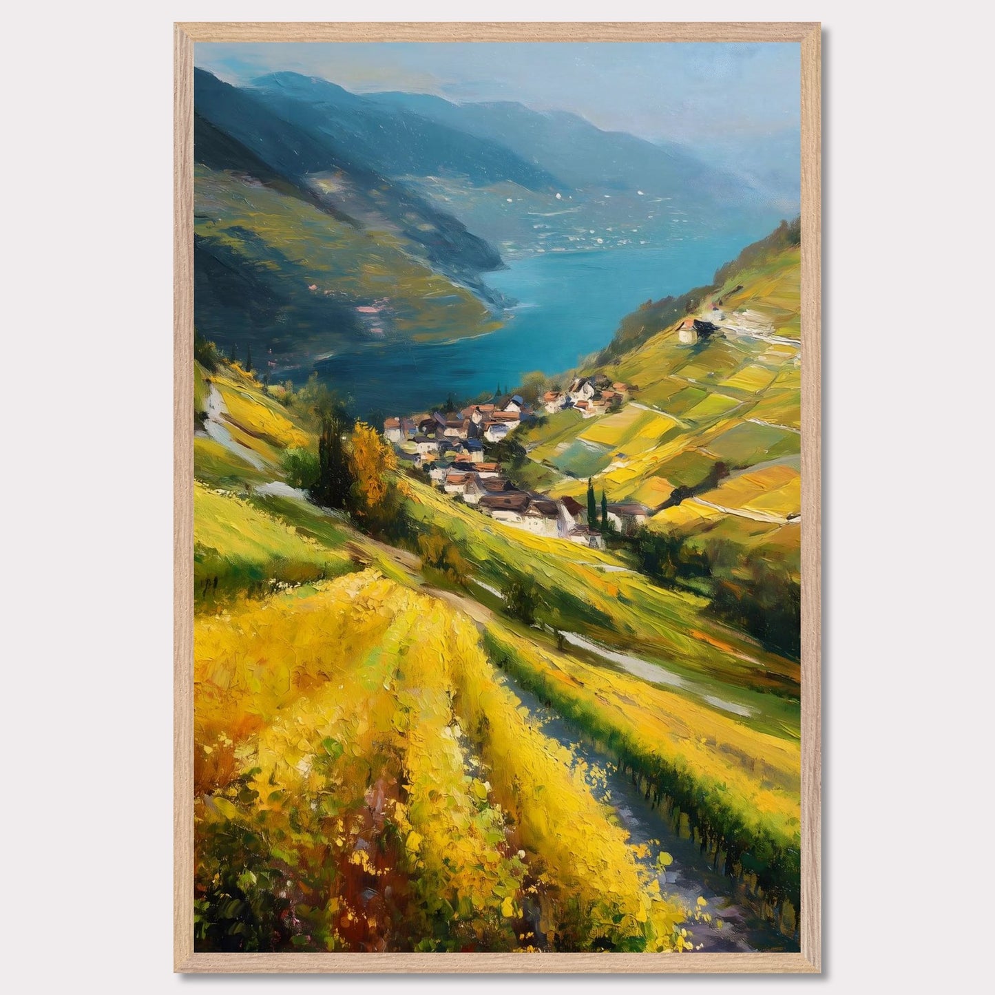 Golden vineyards sweep down steep hills toward a quiet lake village. The water shimmers like a mirror between blue ridges. This image is a flowing hillside, an ode to light, labor, and view.