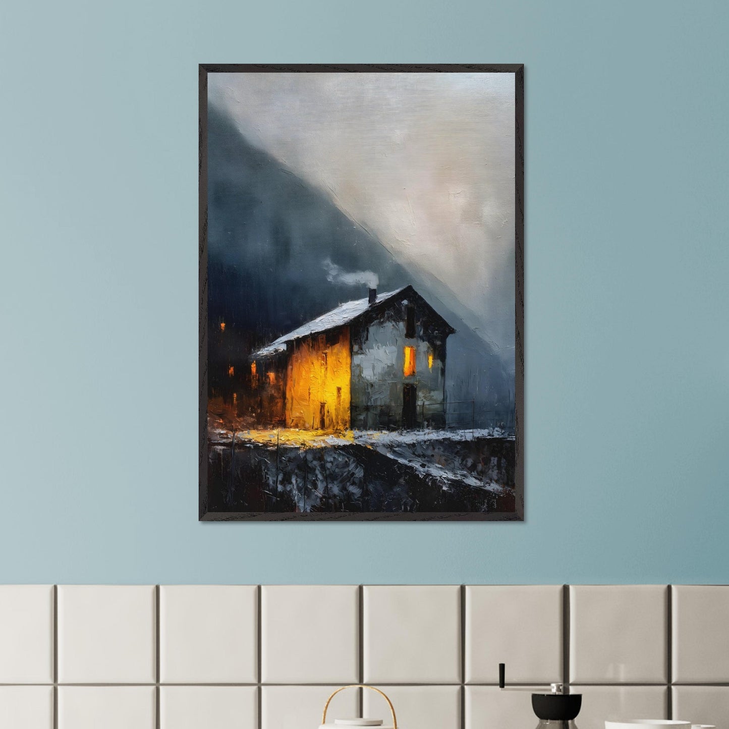 A lone alpine house burns golden against a dark and stormy backdrop. Snow lies quietly on the ground, while inside, a hearth glows with defiance and warmth. It’s a scene of refuge, strength, and a reminder that warmth is made, not found.