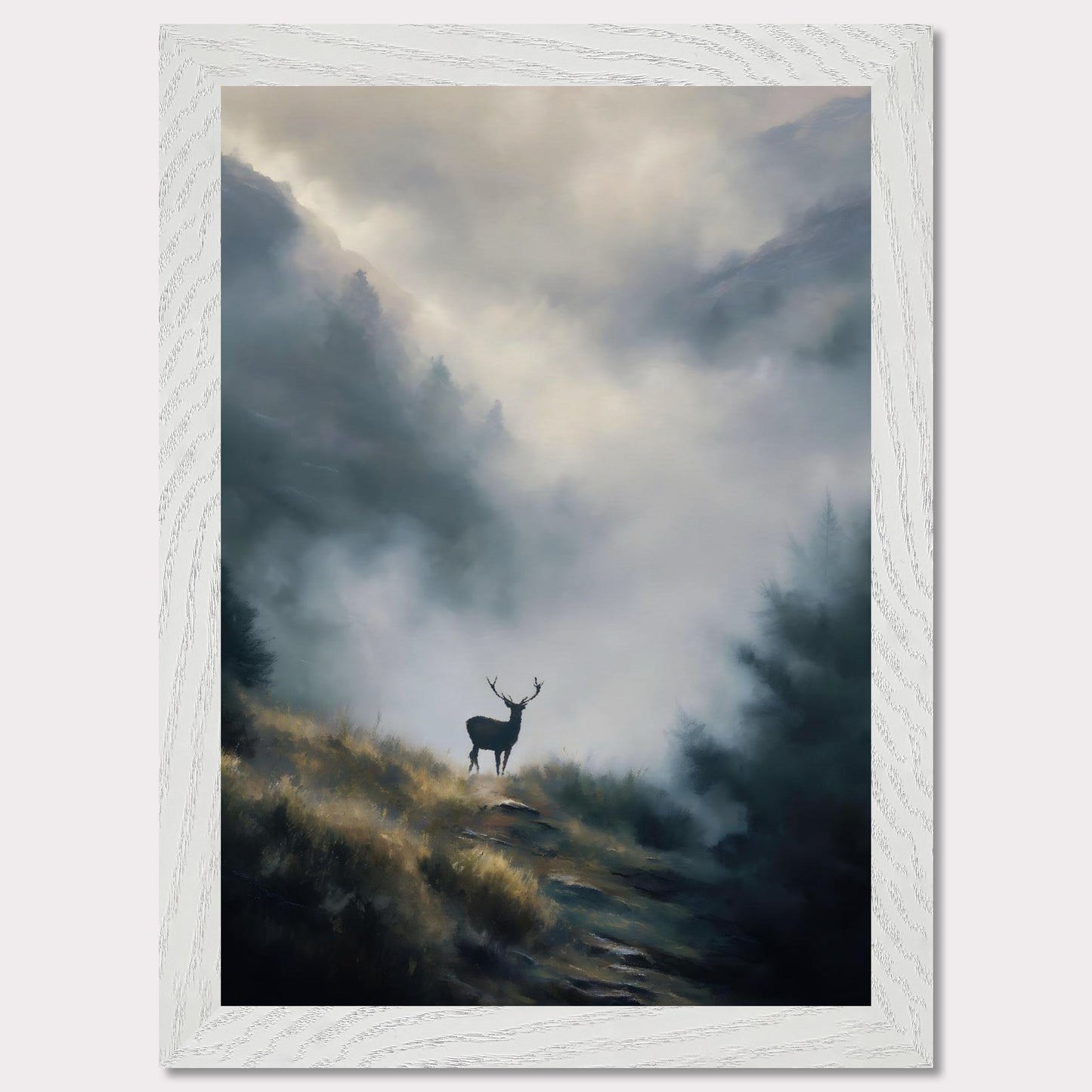 A lone stag stands poised on a highland ridge, where golden grass fades into rising fog. Pines and peaks dissolve into the mist, leaving the deer still and sovereign against the silence. This image is a quiet breath — an ode to wilderness, majesty, and mystery.