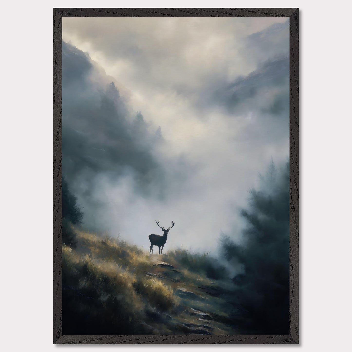 A lone stag stands poised on a highland ridge, where golden grass fades into rising fog. Pines and peaks dissolve into the mist, leaving the deer still and sovereign against the silence. This image is a quiet breath — an ode to wilderness, majesty, and mystery.