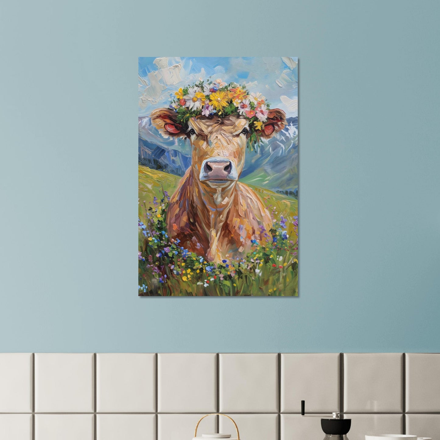 Poster titled 'Fluffy cow in a wreath Poster' from ArtDarts