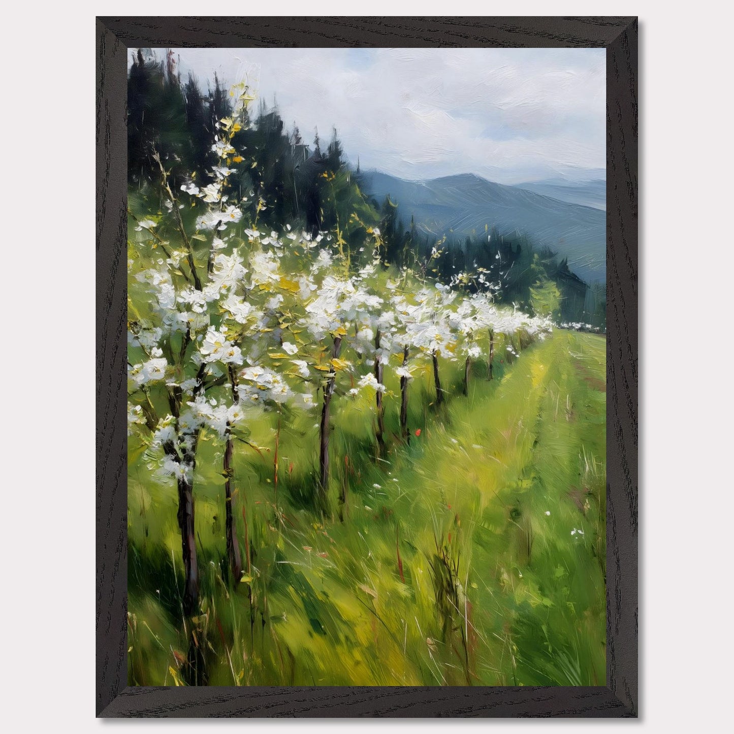 Blossoming trees line a sloped meadow, shining with spring energy. Their petals catch the light like snowflakes, while behind them rise forested hills and soft mountain silhouettes. The air feels fresh, alive, and full of renewal.