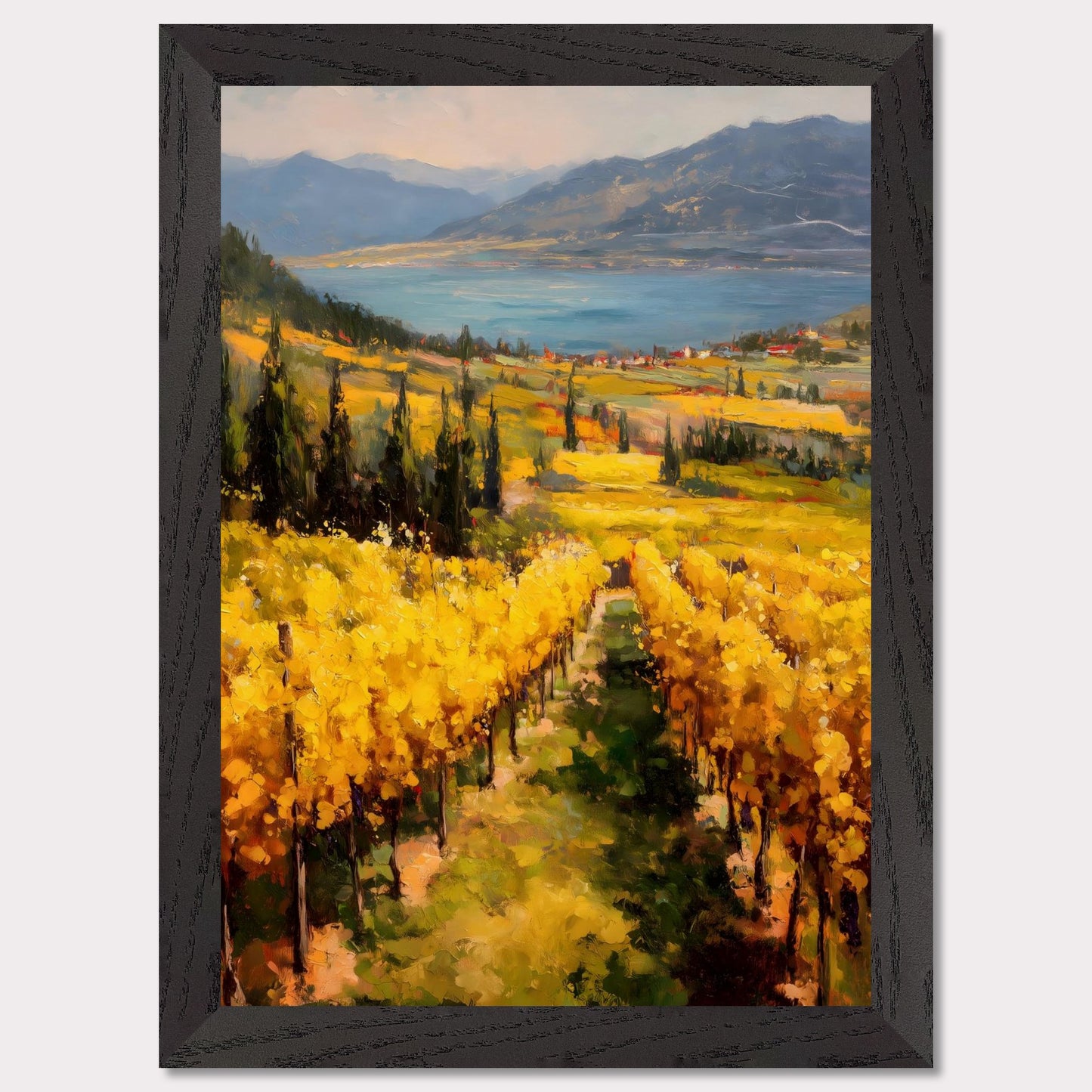 A row of sunlit grapevines leads into rolling fields above the lake. Cypress trees and red roofs add rhythm to the patchwork. This image is a painter’s geometry, an ode to land, season, and order.