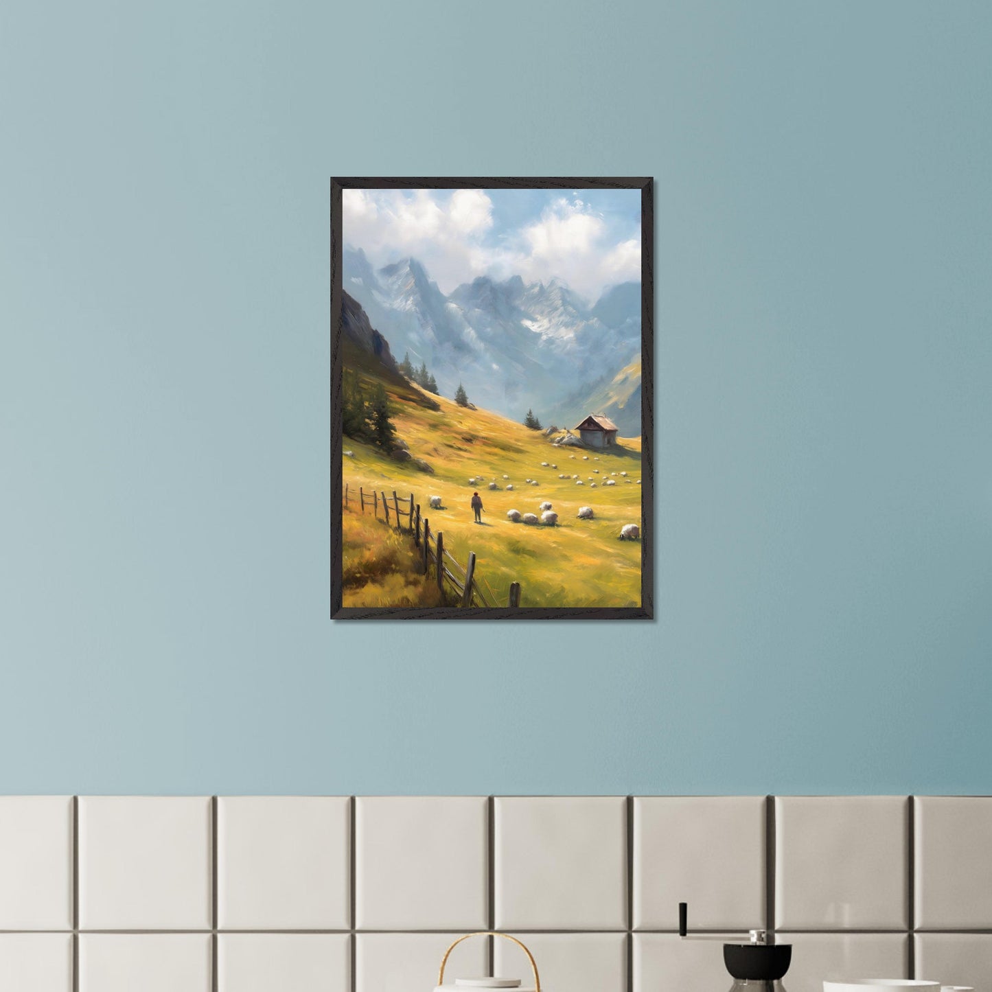 A shepherd tends his flock in a golden mountain pasture, surrounded by dramatic peaks and old-world charm. The wooden fence and cabin speak of a slower, enduring lifestyle. Bathed in warm light, this image transports viewers to a timeless Alpine morning.