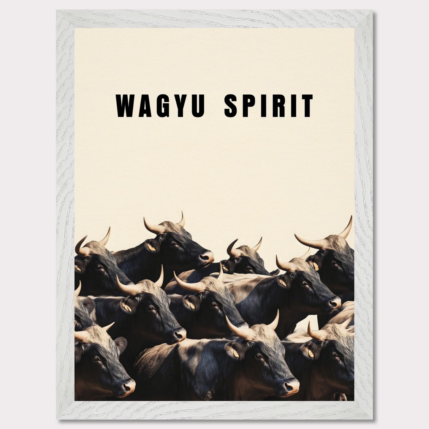 This illustration shows a group of black cattle with horns, set against a light background. The text "WAGYU SPIRIT" is prominently displayed at the top.
This poster will fit well in a kitchen, dining area, restaurant, or any space related to food and culinary arts.