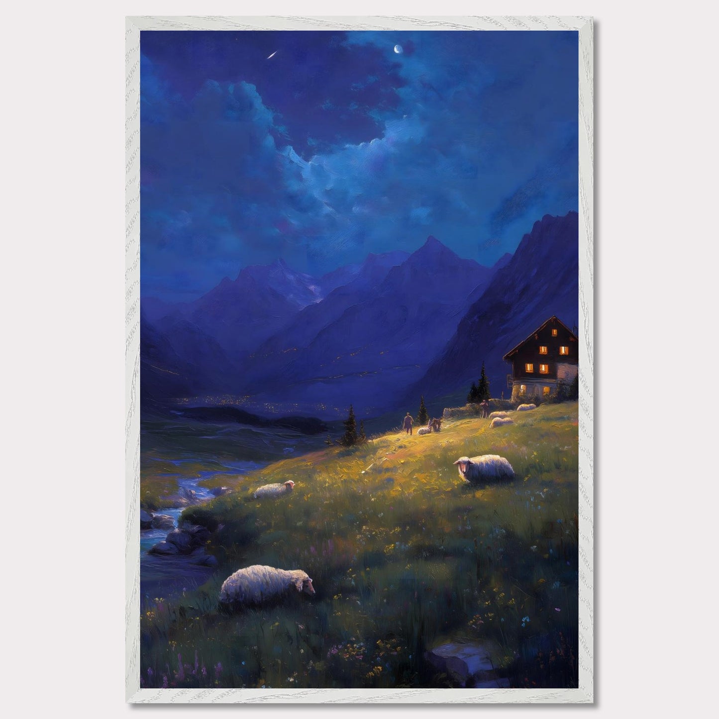 As night falls over the valley, warm lights glow from a mountain cabin, guiding the shepherd and his sheep. Above, stars begin to shimmer and the crescent moon watches from afar. A peaceful twilight symphony of solitude, nature, and quiet warmth.