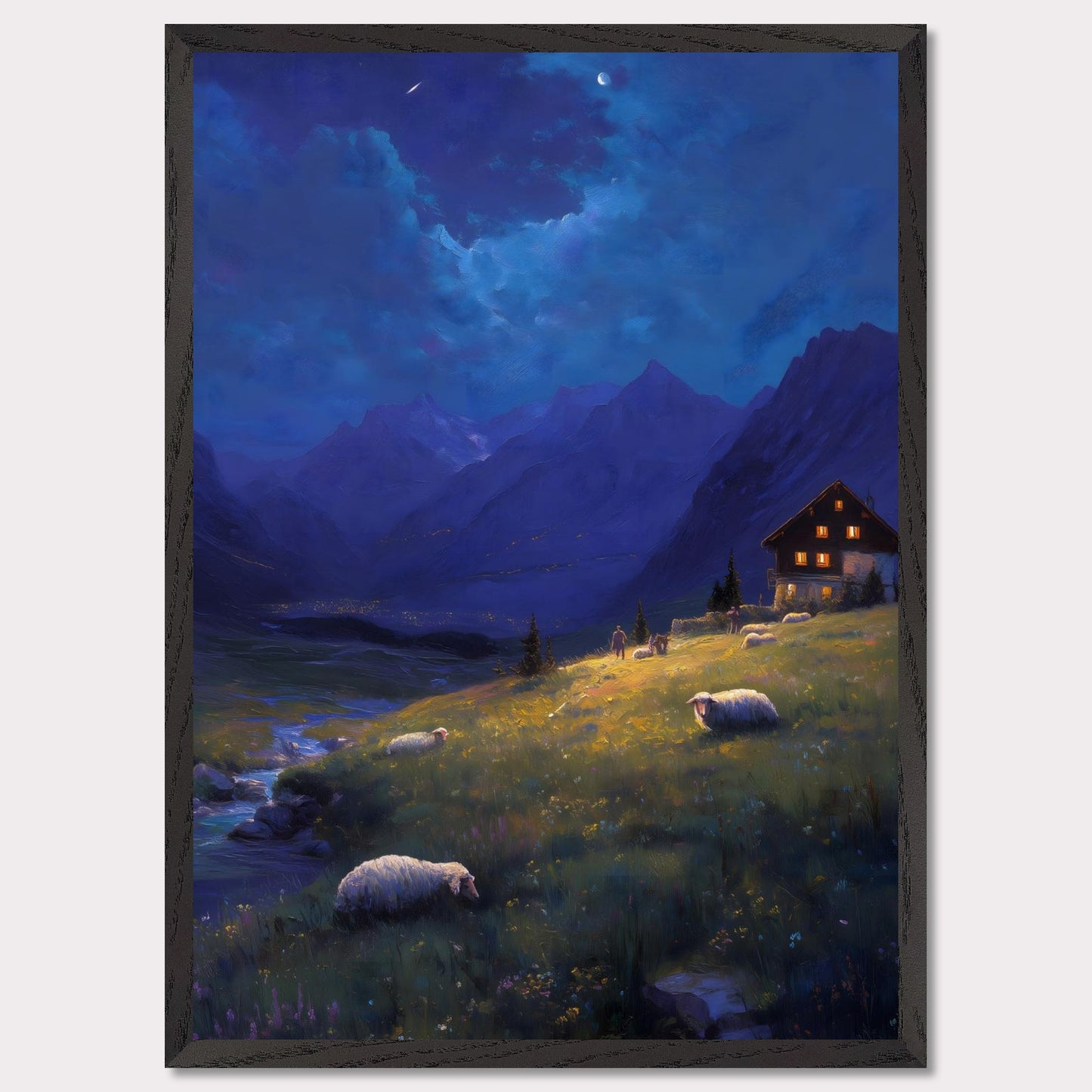 As night falls over the valley, warm lights glow from a mountain cabin, guiding the shepherd and his sheep. Above, stars begin to shimmer and the crescent moon watches from afar. A peaceful twilight symphony of solitude, nature, and quiet warmth.