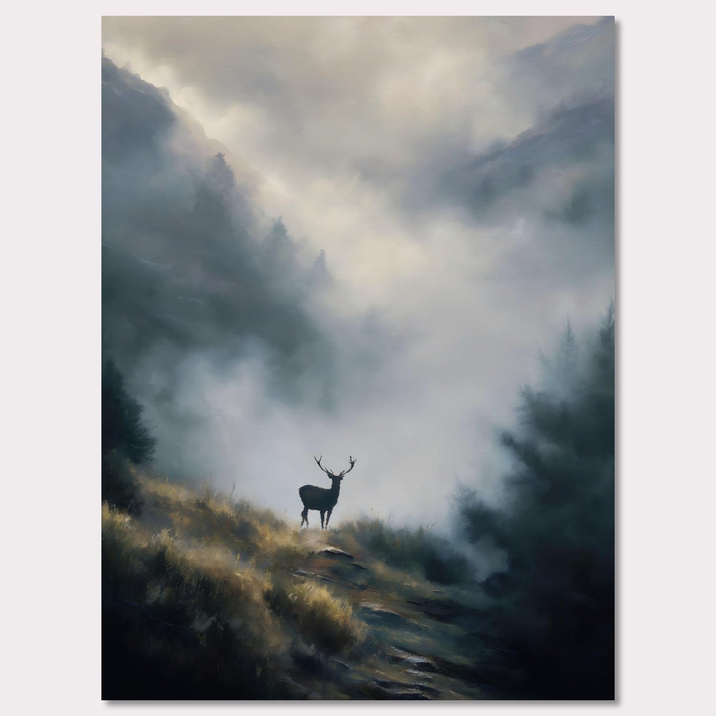 Poster titled 'Stag in the Mist' from ArtDarts