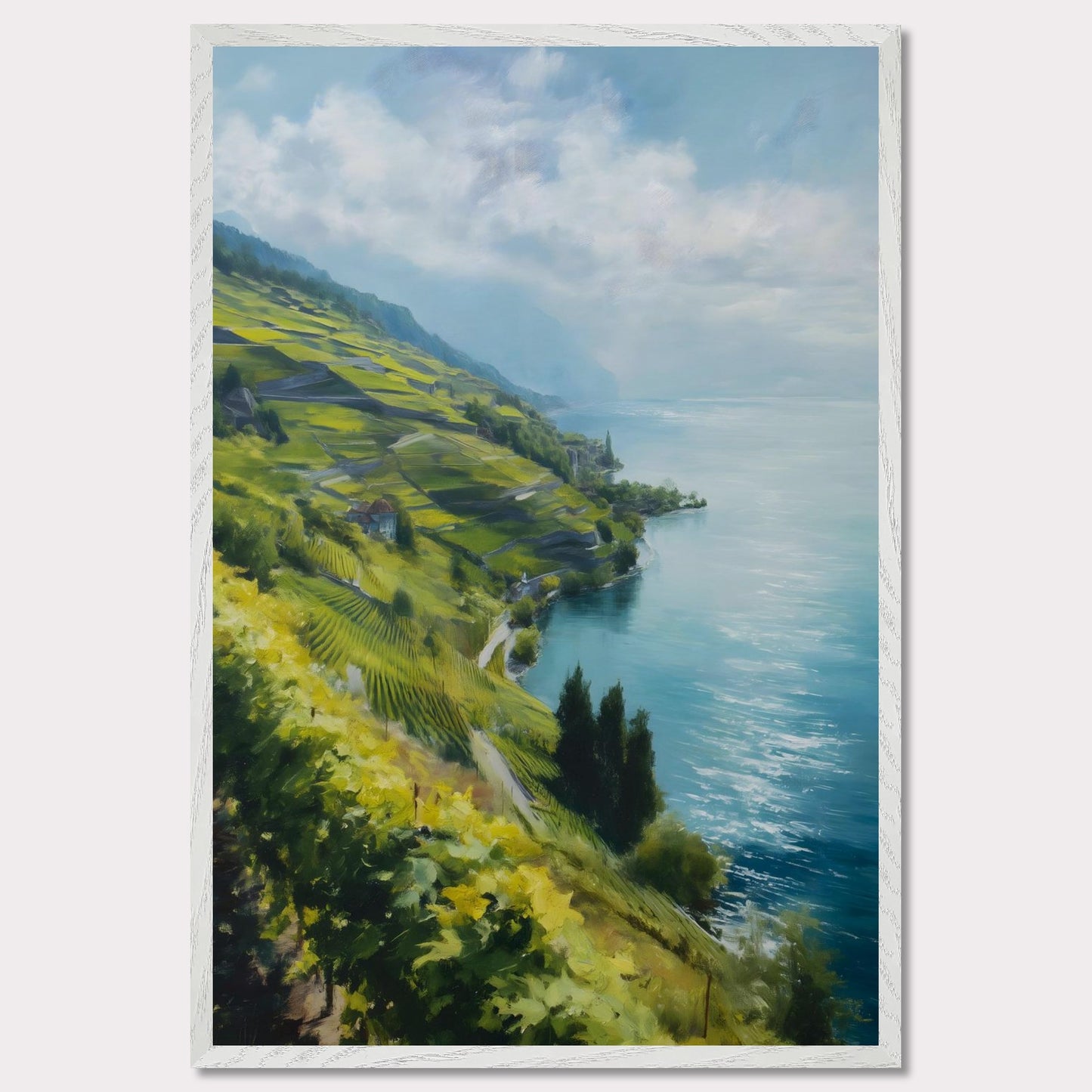 Terraced vines stretch along a quiet shore as morning mist lifts from the water. Blue tones dominate, cooled by wind. This image is a lakeside whisper, an ode to patience, form, and clarity.