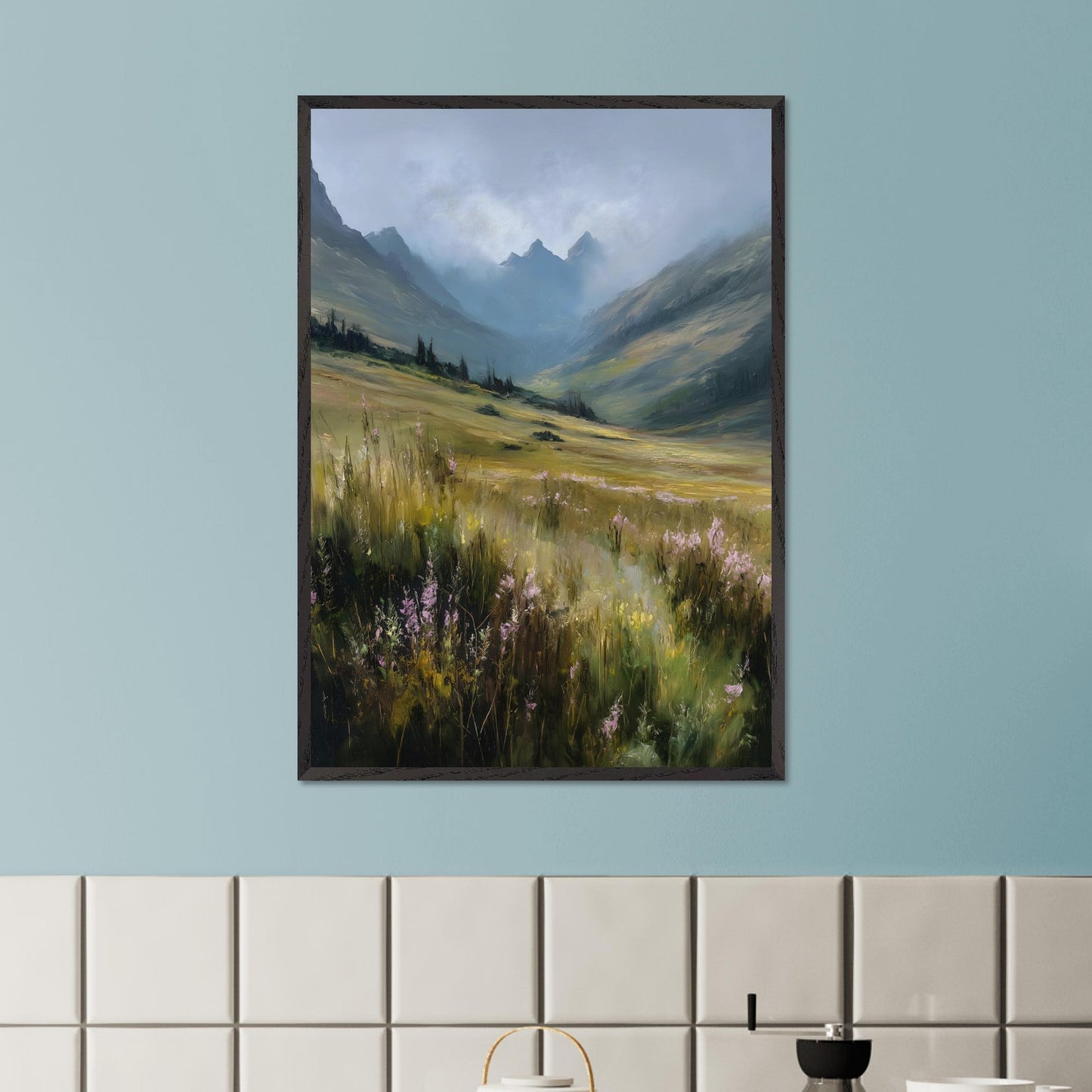 A field of tall alpine grass and soft purple blooms unfolds into misty blue peaks. There's no sign of movement, only the gentle hush of nature breathing. The scene is vast, untamed, and filled with the quiet promise of summer in the highlands.