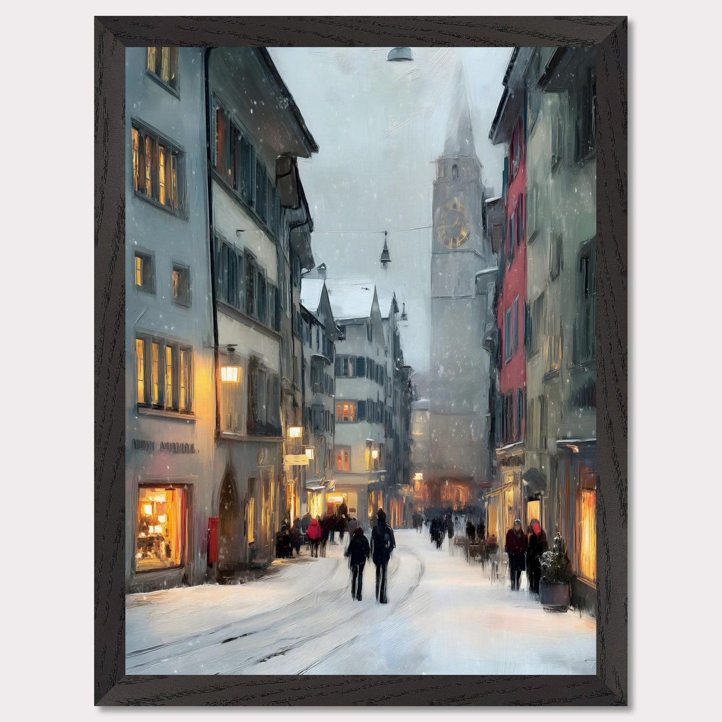 Snow falls gently between old town facades as people wander through glowing windows and quiet alleys. Time seems to slow. This image is a winter stroll, an ode to dusk, city calm, and warmth within.
