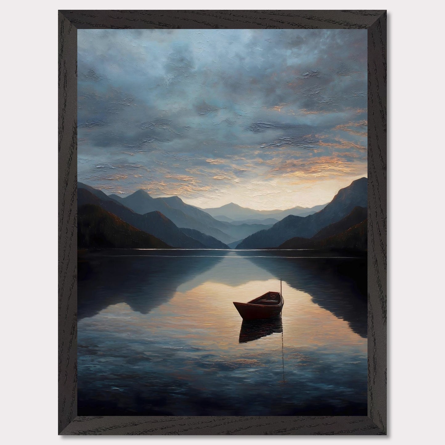 A single red boat floats gently on a vast, darkening lake as mountains fade into layered blues. The sunset brushes the clouds and water with soft amber and grey. A perfect study in stillness, solitude, and awe.