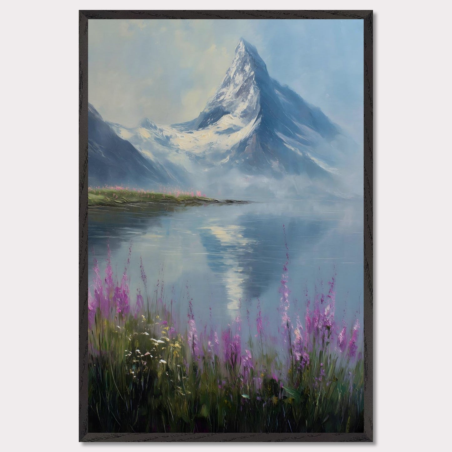 Snow-dusted Matterhorn rises over a lake fringed with fireweed in bloom. Reflections shimmer, colors merge in peace. This image is a mountain hush, an ode to bloom, ice, and awe.