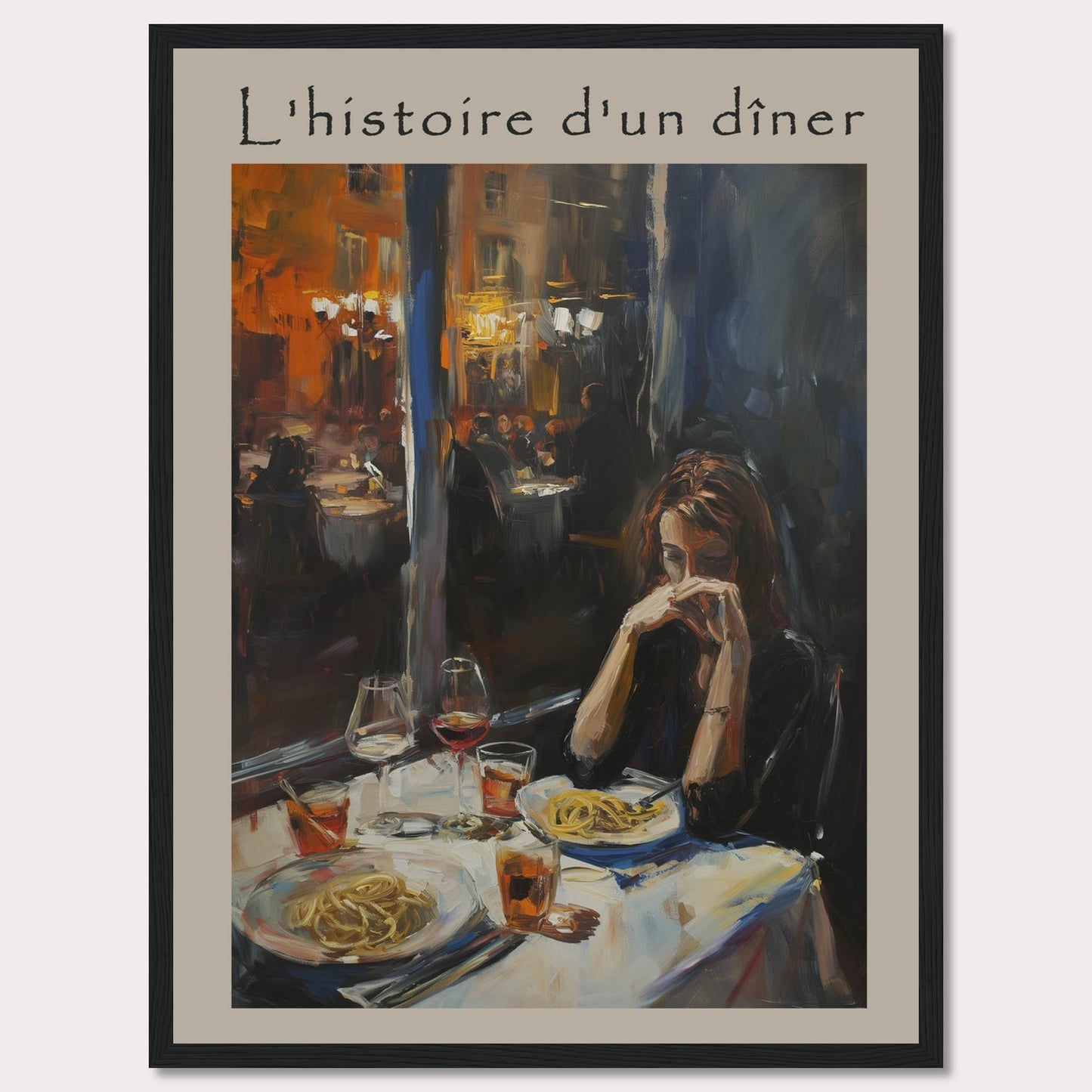 This painting, titled "L'histoire d'un dîner," depicts a solitary woman deep in thought at a dinner table. The scene is set in a warmly lit restaurant, with other diners visible in the background. The table is elegantly set with plates of pasta and glasses of wine, creating an intimate and reflective atmosphere.