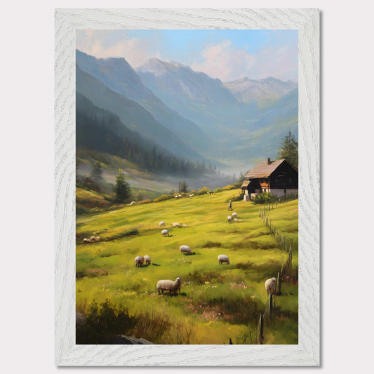 Golden morning light washes over rolling fields as sheep wander freely. A traditional alpine house stands quietly, facing the rising mist among distant peaks. This is the beginning of a calm, purposeful day in the heart of the Alps.