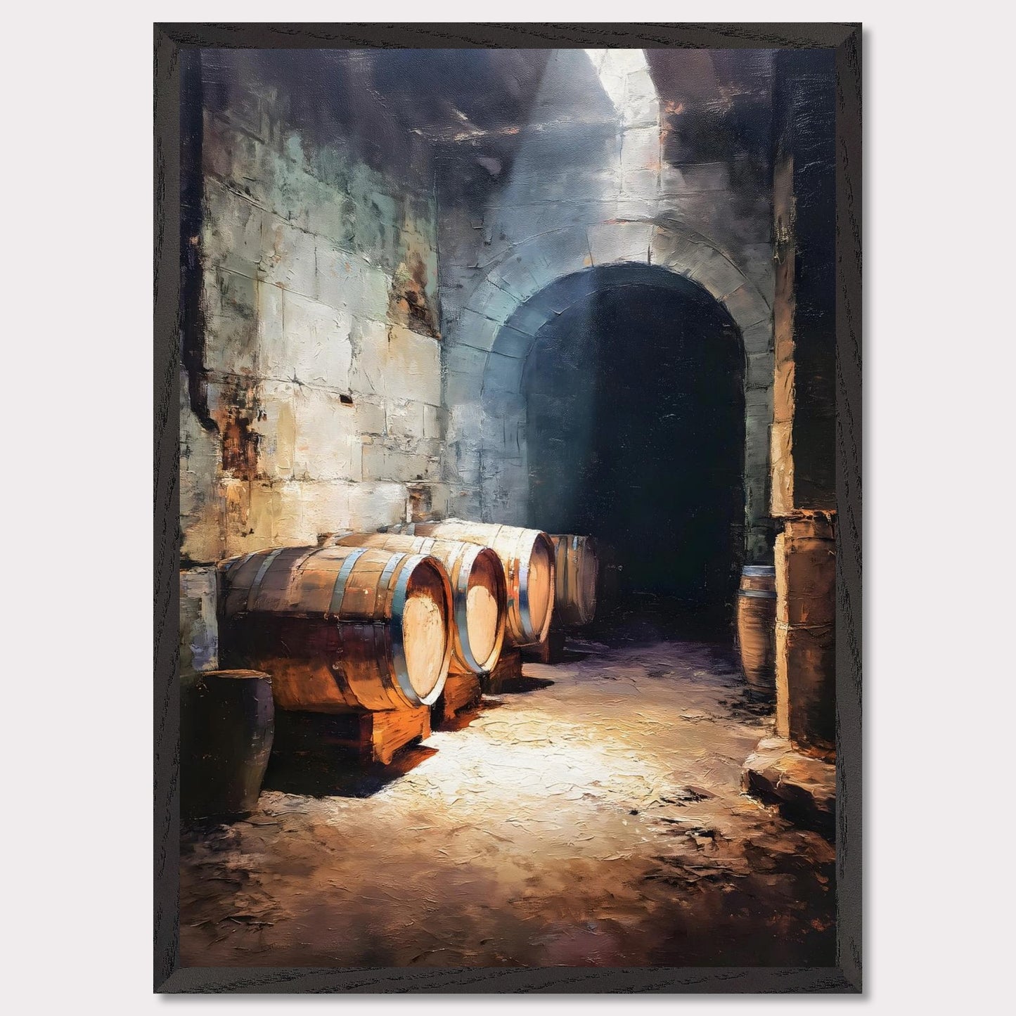 Wooden wine barrels line the stone walls of a cool alpine cellar, lit by a shaft of light from above. The silence is thick and cool. This image is a breath beneath the surface, an ode to age, earth, and time.