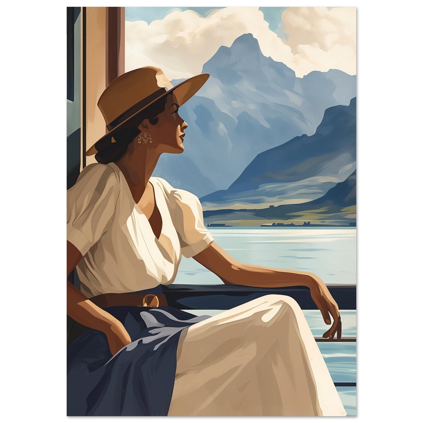 Poster titled 'Girl near mountain water Poster' from ArtDarts