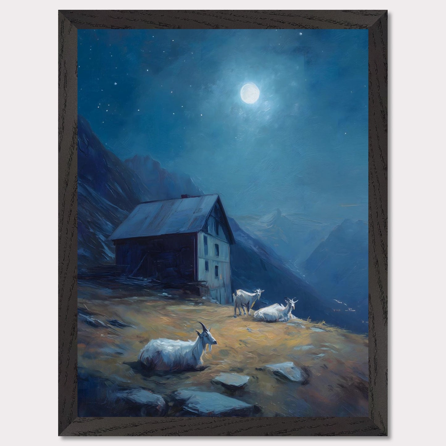 Under a deep blue sky scattered with stars, a mountain slope glows with soft amber light. Goats roam quietly near a rustic alpine hut. This is a portrait of calm routine under a grand sky — both humble and cosmic.